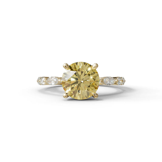 2 Carat Yellow Round Cut Hidden Halo & Pave Set Lab Diamond Ring - Pure Origin - 10K Solid Gold / Yellow Gold