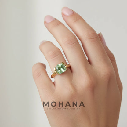 2 Carat Green Cushion Cut Lab Grown Diamond Half-Bezel Solitaire Engagement Ring – Ultra Low Profile