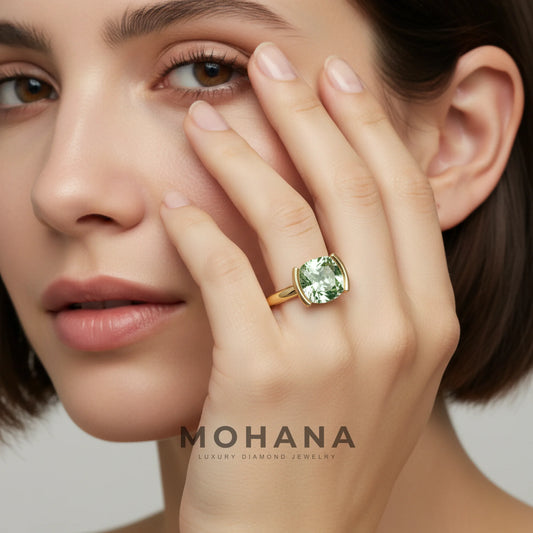 2 Carat Green Cushion Cut Lab Grown Diamond Half-Bezel Solitaire Engagement Ring – Ultra Low Profile