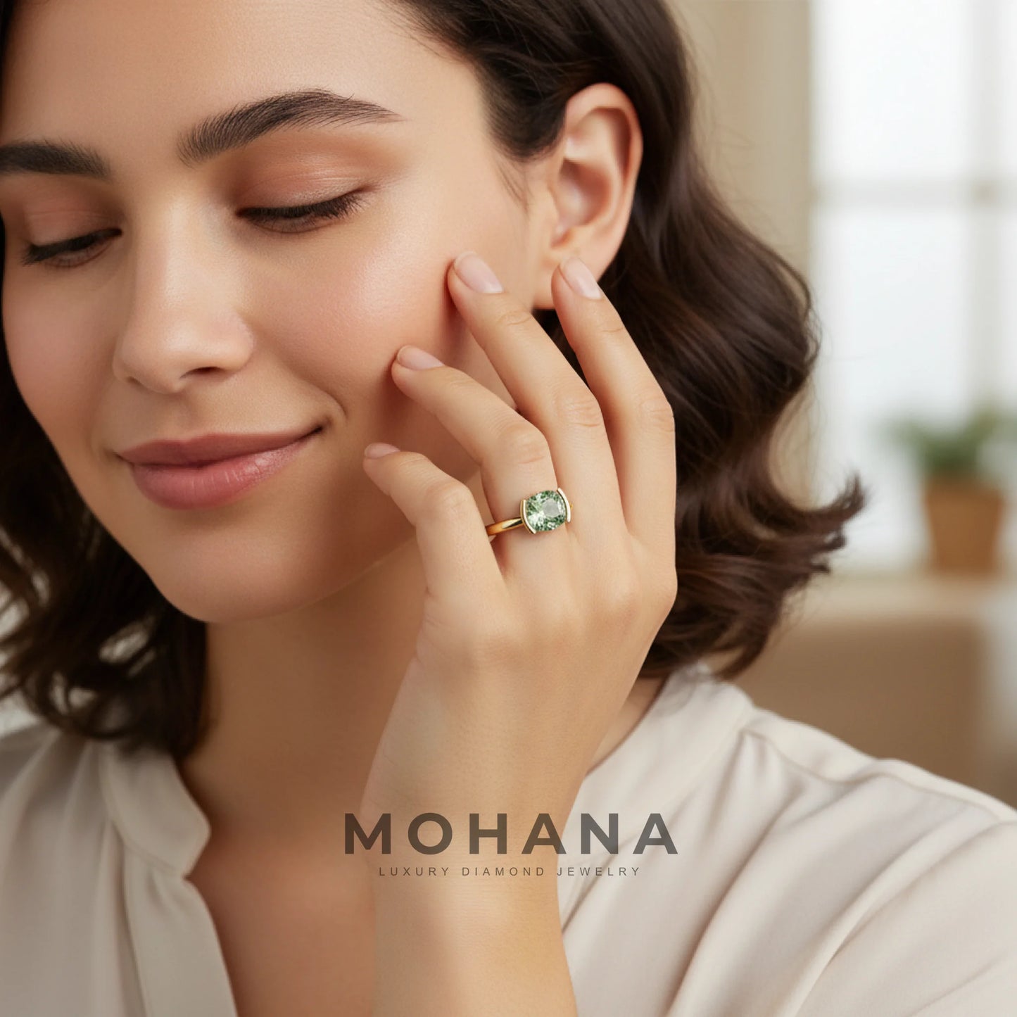 2 Carat Green Cushion Cut Lab Grown Diamond Half-Bezel Solitaire Engagement Ring – Ultra Low Profile