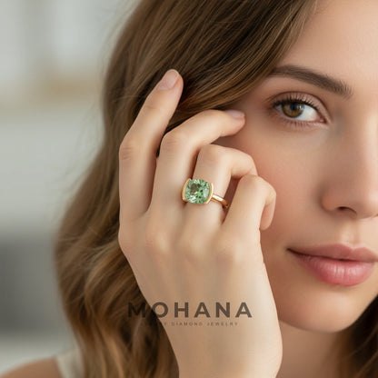 2 Carat Green Cushion Cut Lab Grown Diamond Half-Bezel Solitaire Engagement Ring – Ultra Low Profile