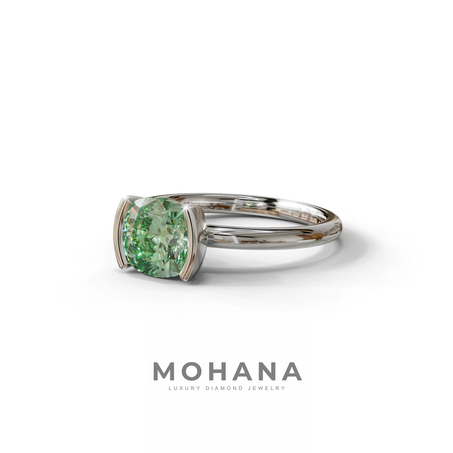 2 Carat Green Cushion Diamond Ring - Half Bezel Set Ring - Remi