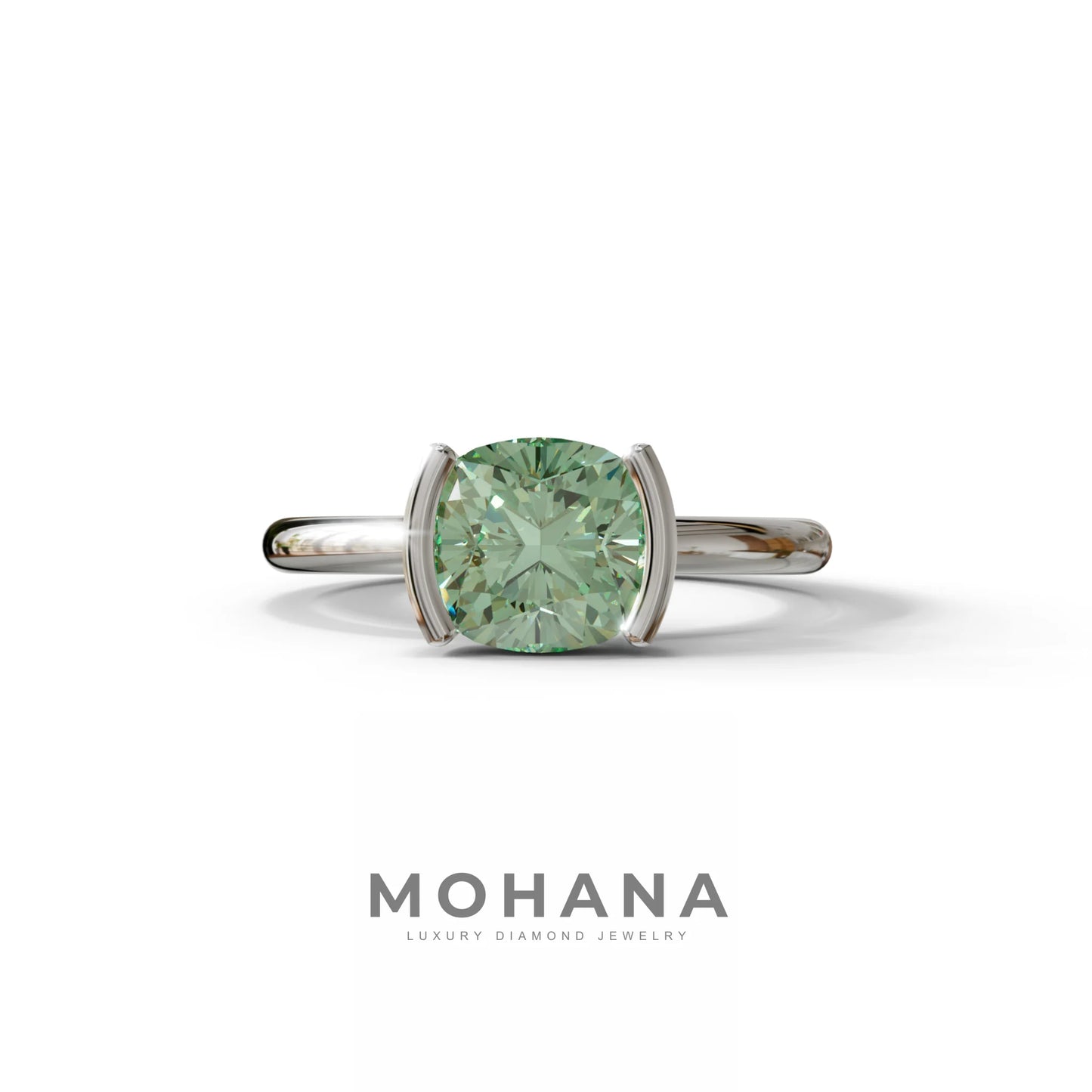 2 Carat Green Cushion Diamond Ring - Half Bezel Set Ring - Remi - 10K Solid Gold / White Gold