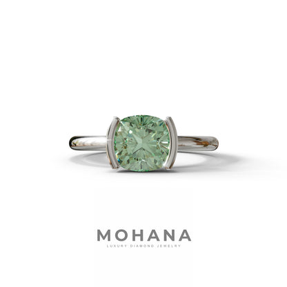 2 Carat Green Cushion Diamond Ring - Half Bezel Set Ring - Remi - 10K Solid Gold / White Gold