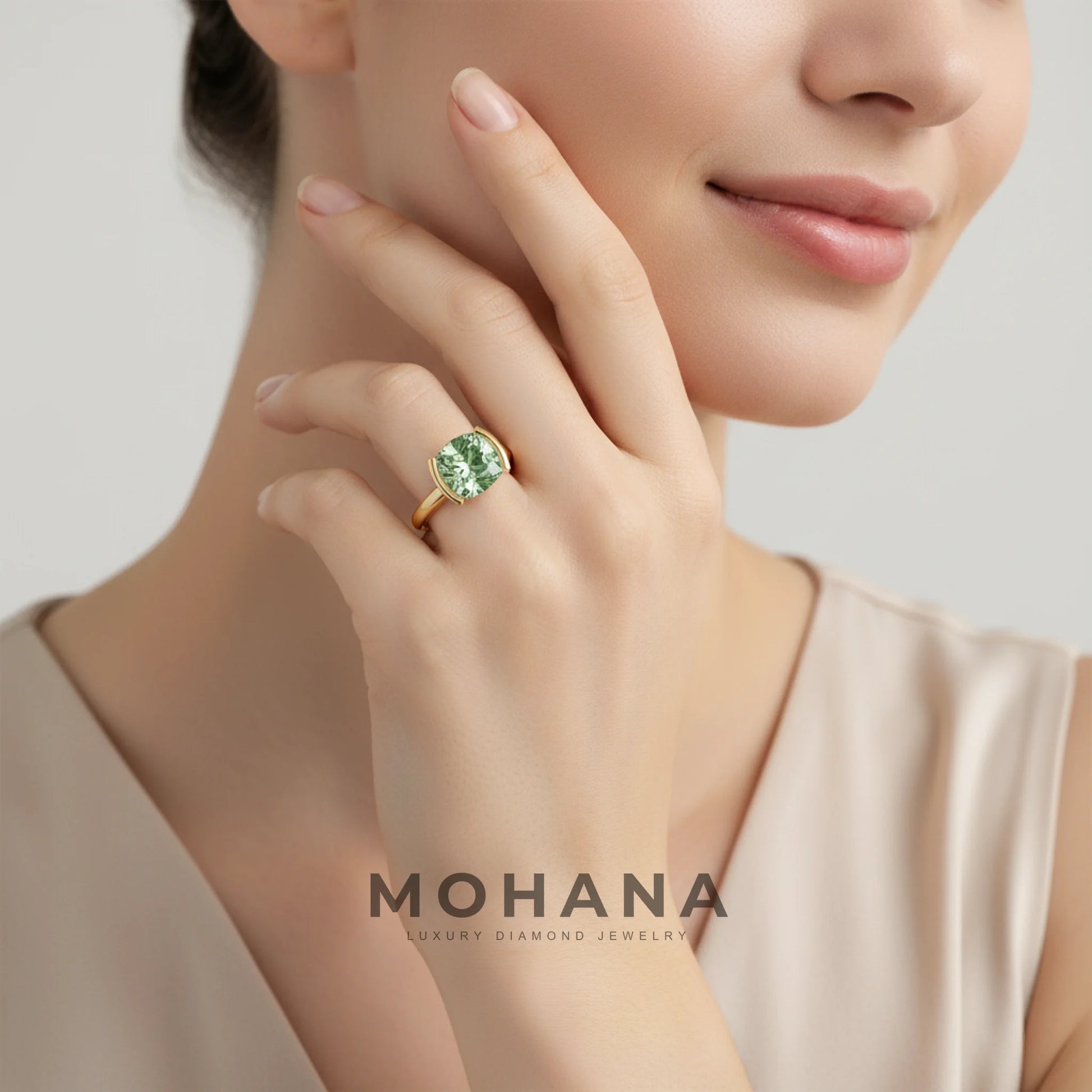 2 Carat Green Cushion Cut Lab Grown Diamond Half-Bezel Solitaire Engagement Ring – Ultra Low Profile