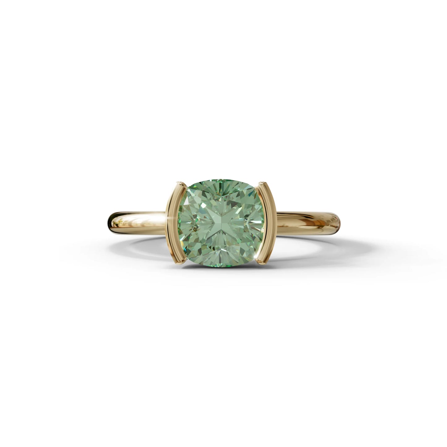 2 Carat Green Cushion Diamond Ring - Half Bezel Set Ring - Remi - 10K Solid Gold / Yellow Gold