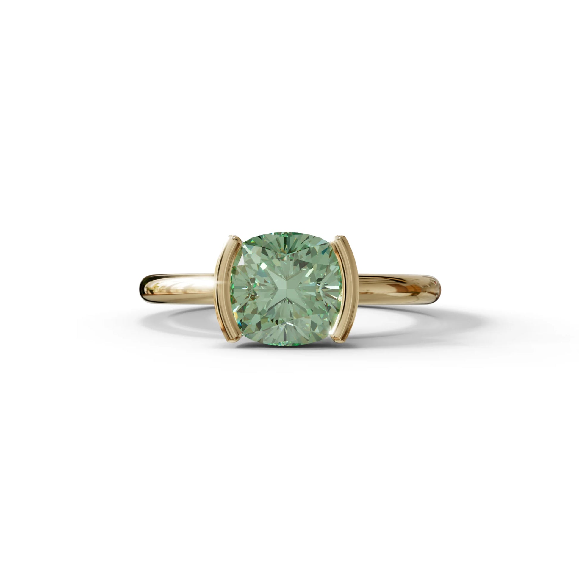 2 Carat Green Cushion Diamond Ring - Half Bezel Set Ring - Remi - 10K Solid Gold / Yellow Gold