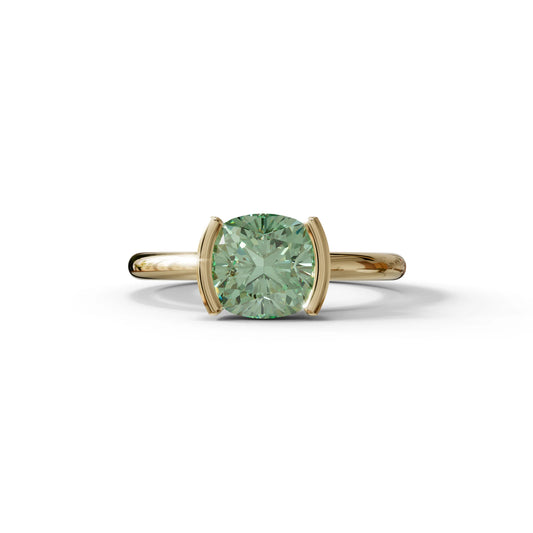 2 Carat Green Cushion Diamond Ring - Half Bezel Set Ring - Remi - 10K Solid Gold / Yellow Gold
