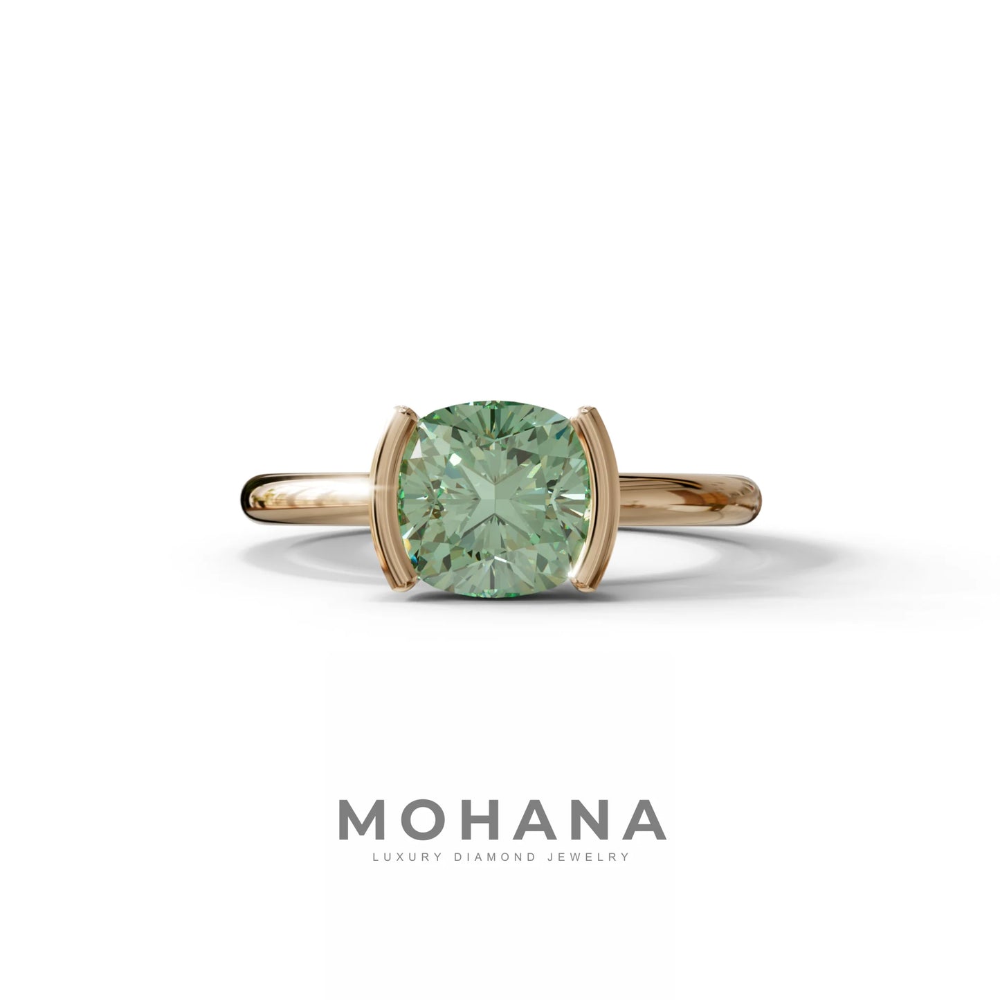 2 Carat Green Cushion Diamond Ring - Half Bezel Set Ring - Remi - 10K Solid Gold / Rose Gold
