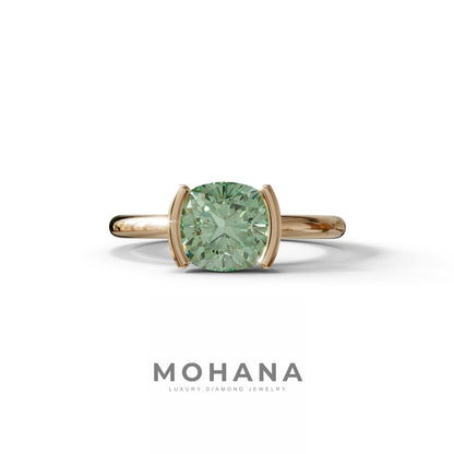 2 Carat Green Cushion Diamond Ring - Half Bezel Set Ring - Remi - 10K Solid Gold / Rose Gold