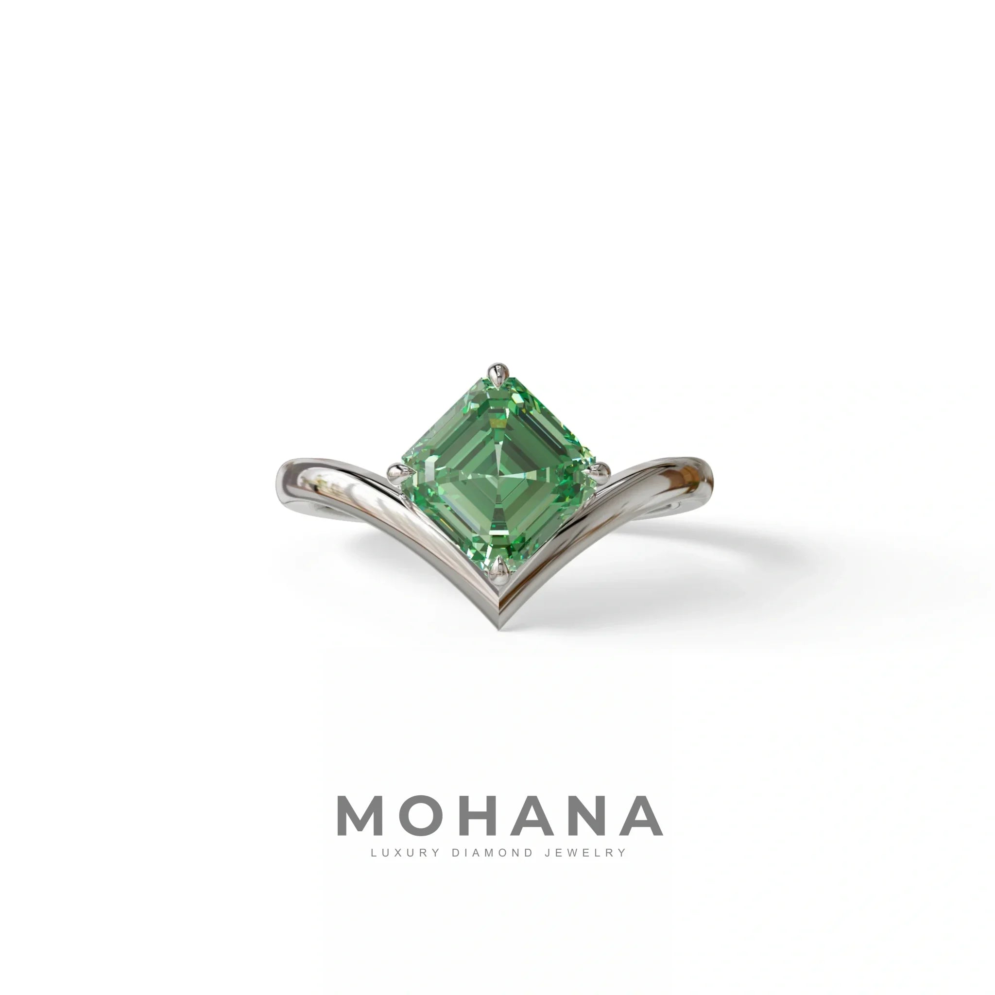 2 Ct Fancy Vivid Green Asscher Cut Lab Diamond Solitaire Engagement Ring - Louily - 10K Solid Gold / White Gold