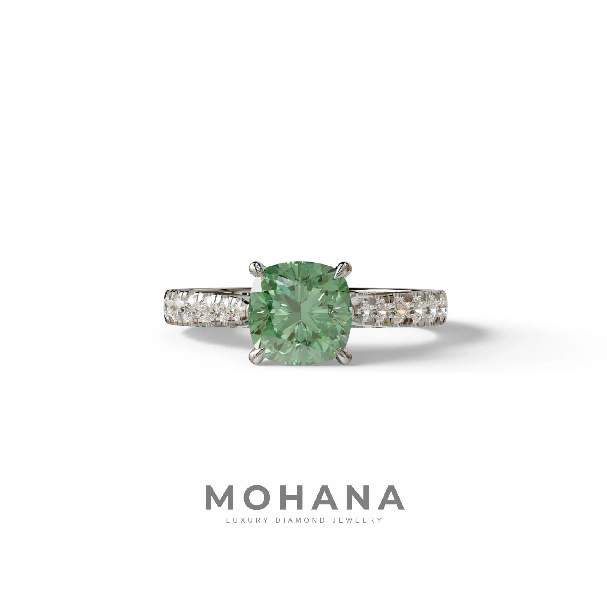 2 Carat Green Color Cushion Cut Lab Diamond Engagement Ring set - Leo - 10K Solid Gold / White Gold
