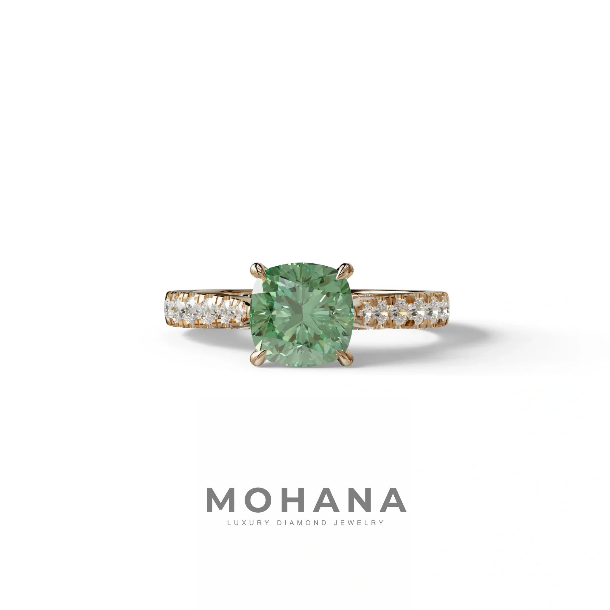 2 Carat Green Color Cushion Cut Lab Diamond Engagement Ring set - Leo - 10K Solid Gold / Rose Gold