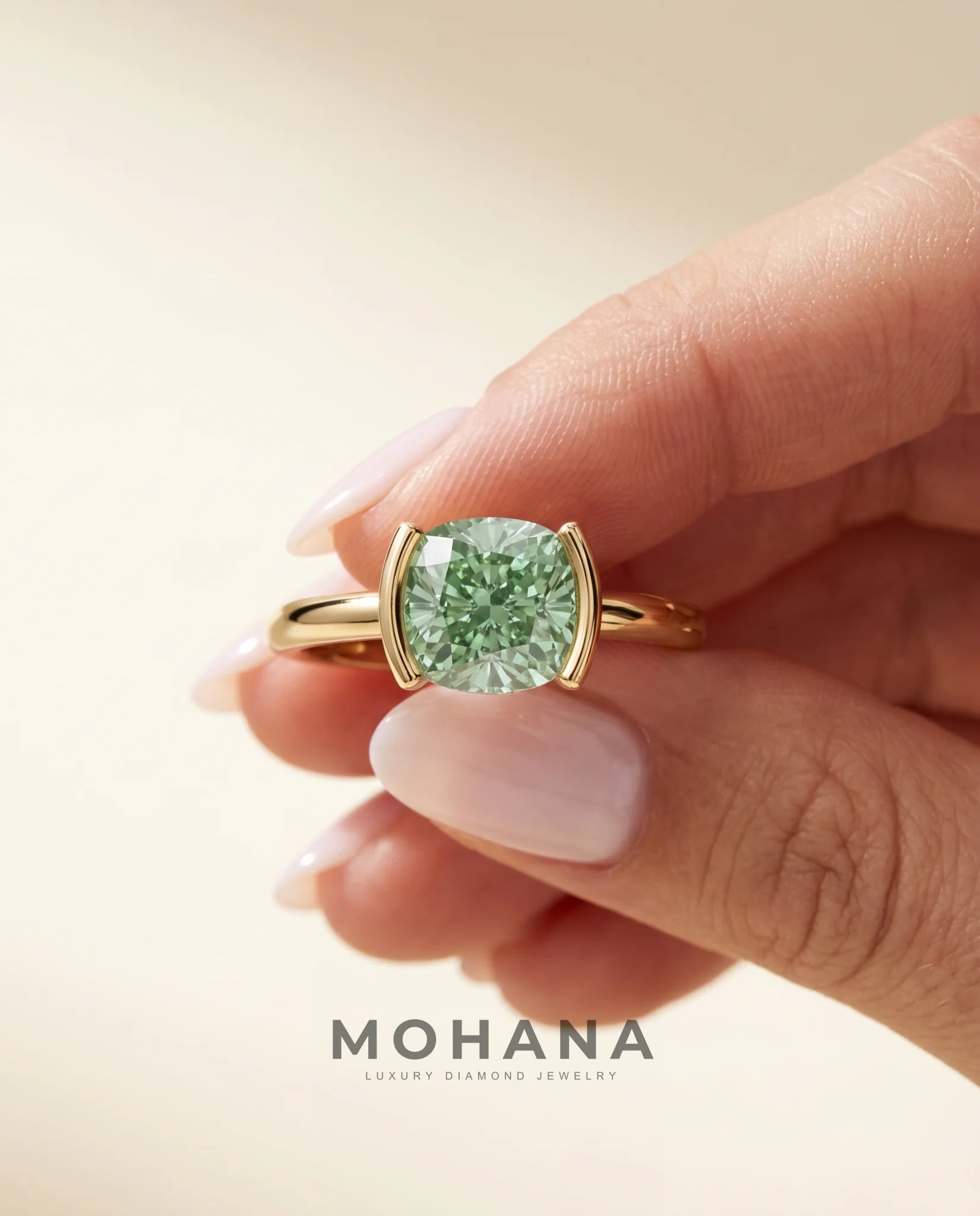 2 Carat Green Lab Grown Diamond Engagement Ring – Cushion Cut Bezel - Engagement Ring