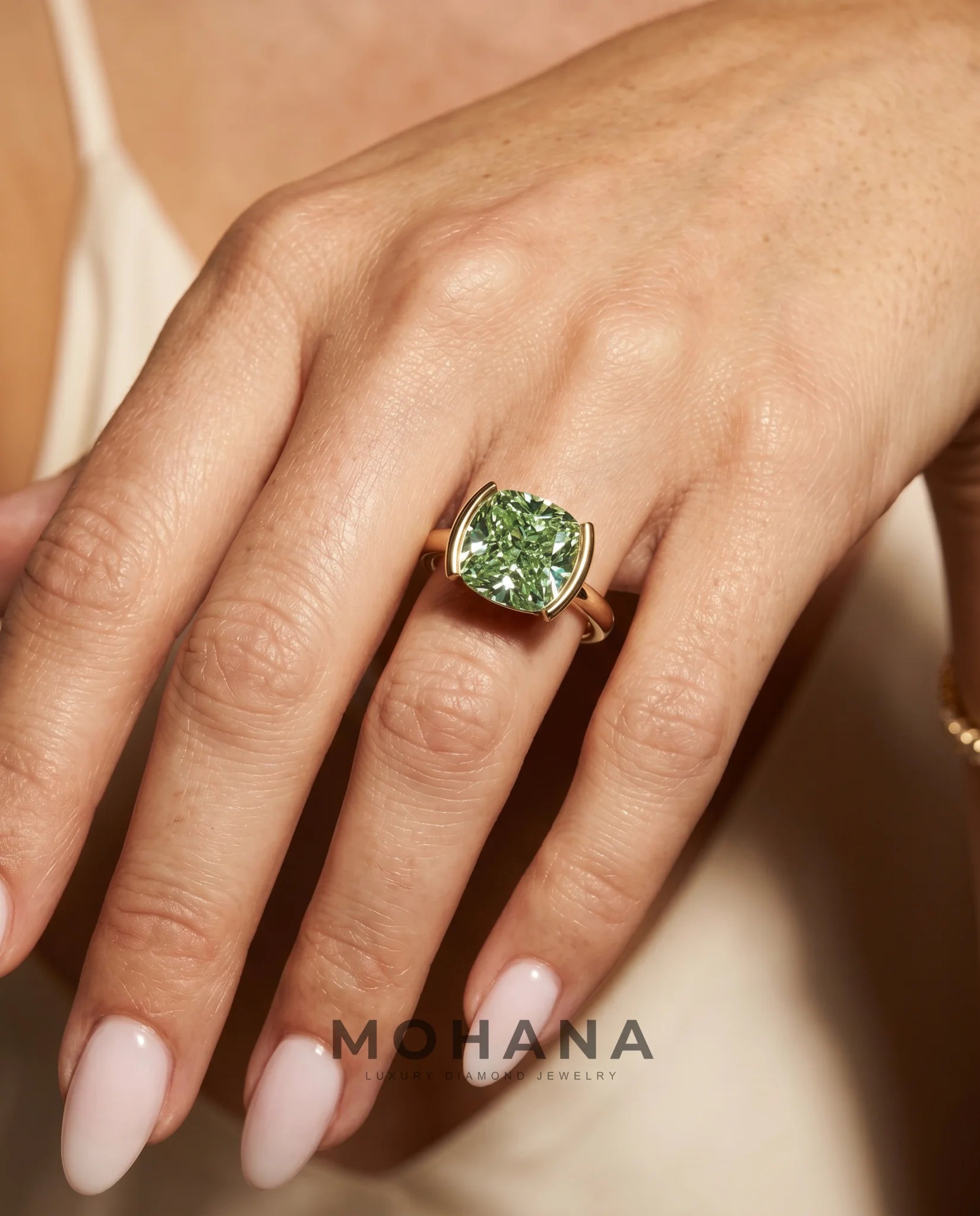 2 Carat Green Lab Grown Diamond Engagement Ring – Cushion Cut Bezel - Engagement Ring