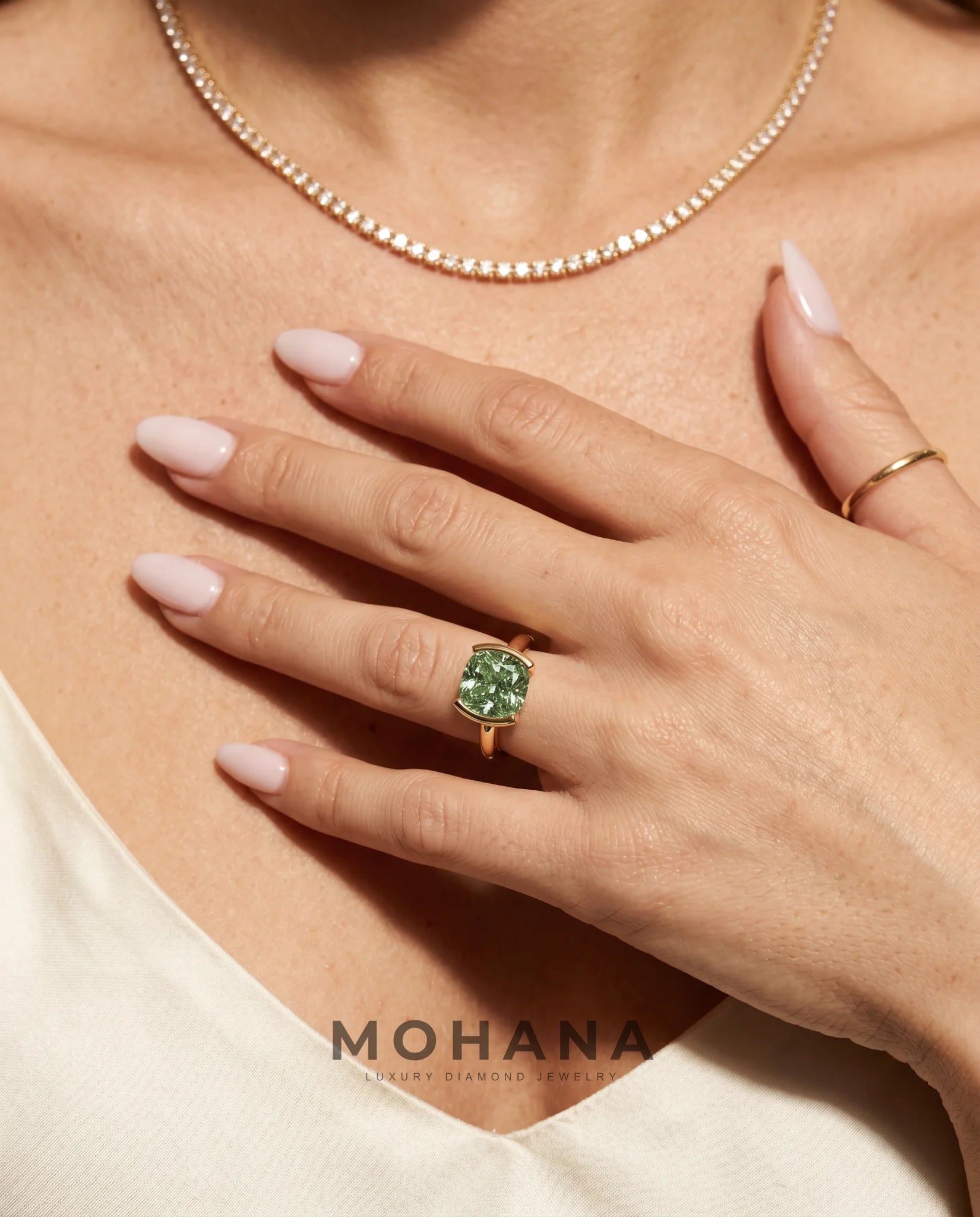 2 Carat Green Lab Grown Diamond Engagement Ring – Cushion Cut Bezel - Engagement Ring