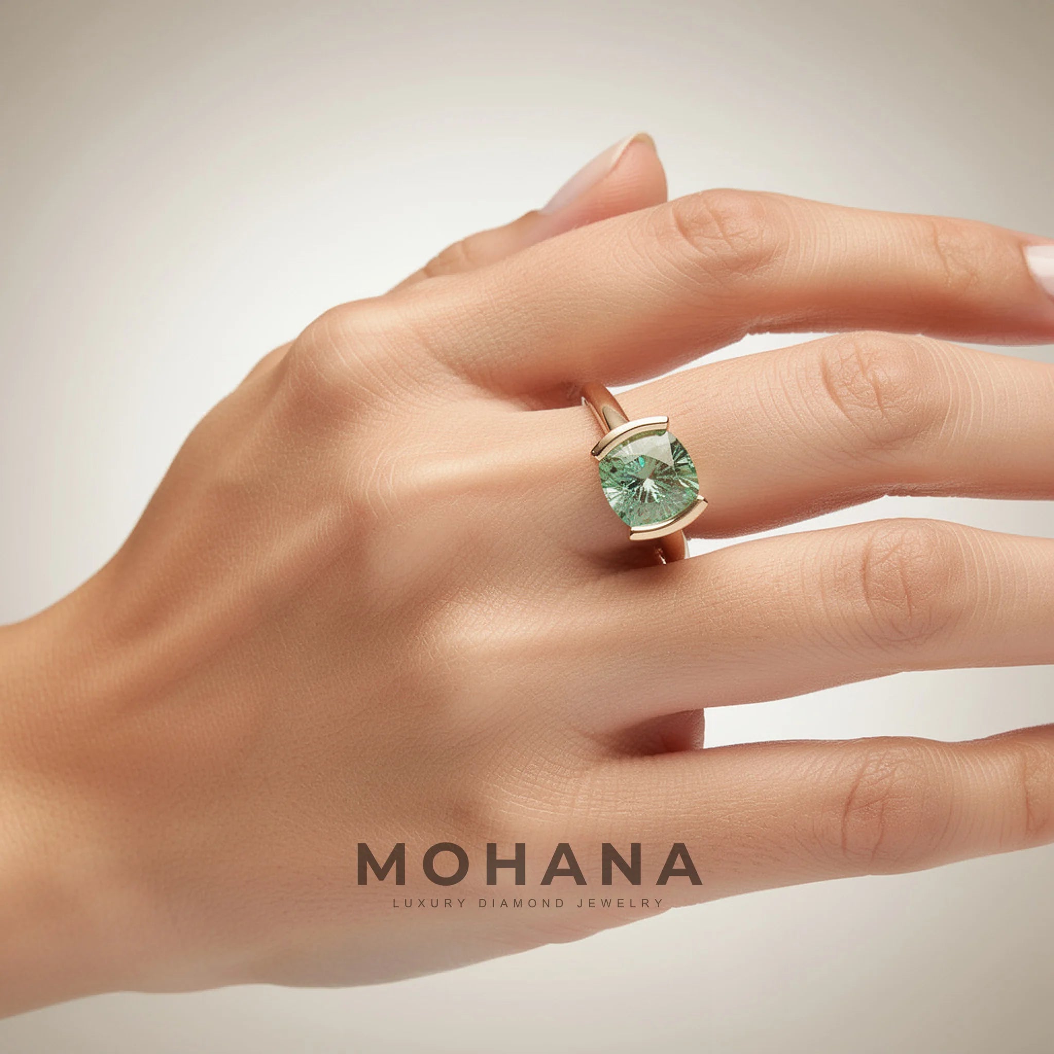 2 Carat Green Cushion Cut Lab Grown Diamond Half-Bezel Solitaire Engagement Ring – Ultra Low Profile