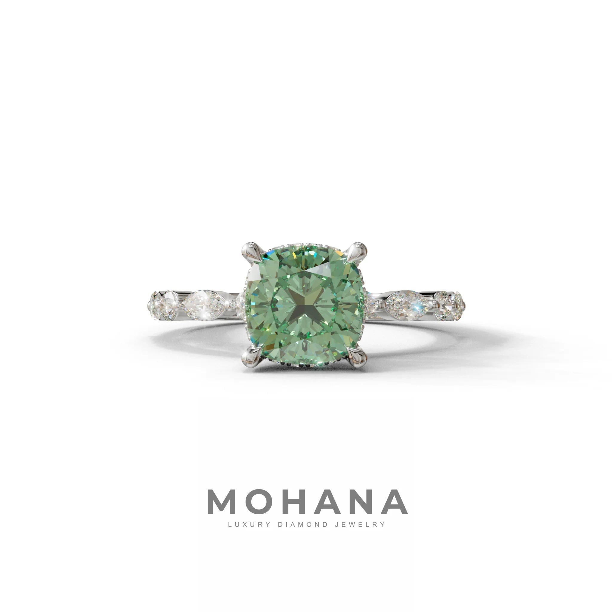 2 Carat Green Cushion Cut Hidden Halo & Pave Lab Diamond Ring - Daisy - 10K Solid Gold / White Gold