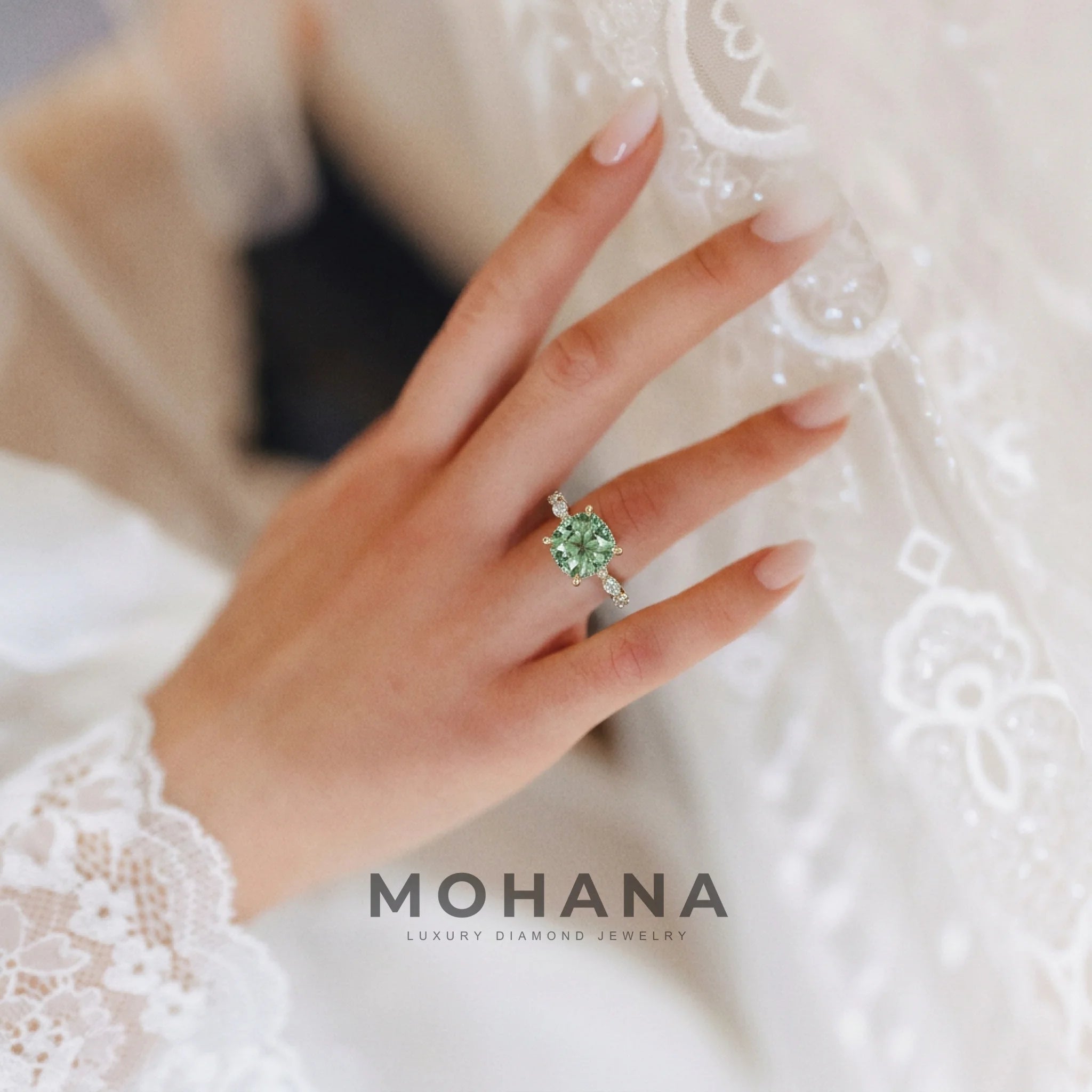 2 Carat Fancy Green Cushion Cut Hidden Halo Lab Grown Diamond Engagement Ring