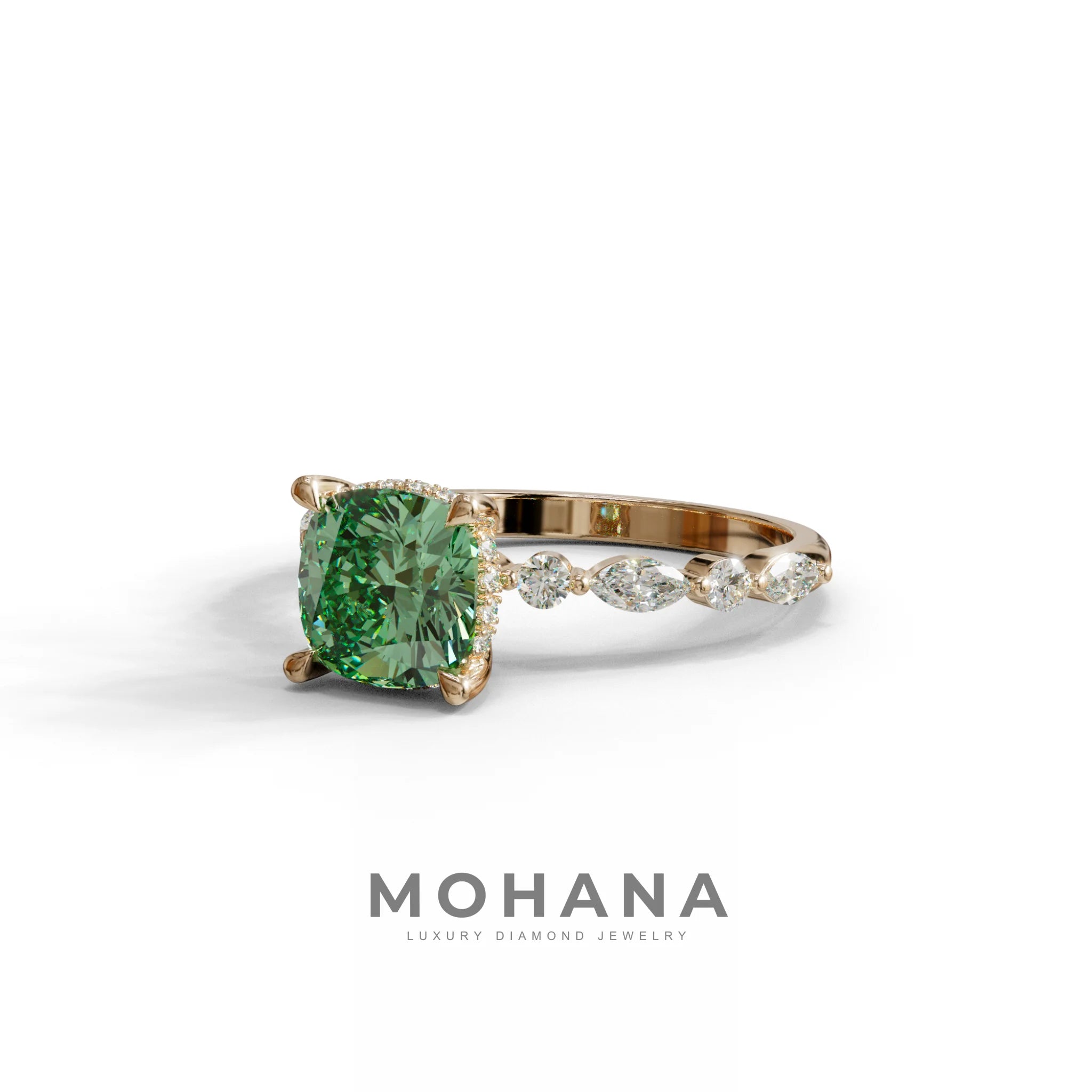 2 Carat Green Cushion Cut Hidden Halo & Pave Lab Diamond Ring - Daisy