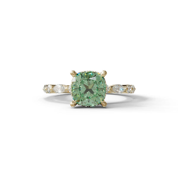 2 Carat Green Lab Grown Diamond Engagement Ring – Cushion Cut Hidden Halo