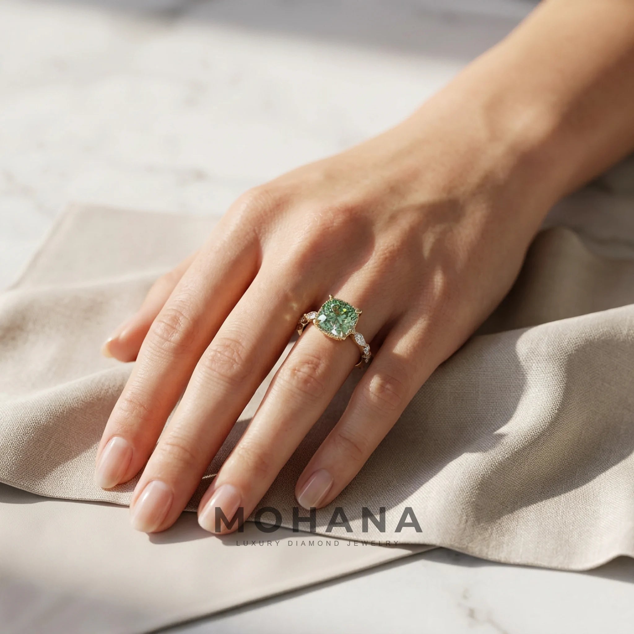 2 Carat Fancy Green Cushion Cut Hidden Halo Lab Grown Diamond Engagement Ring