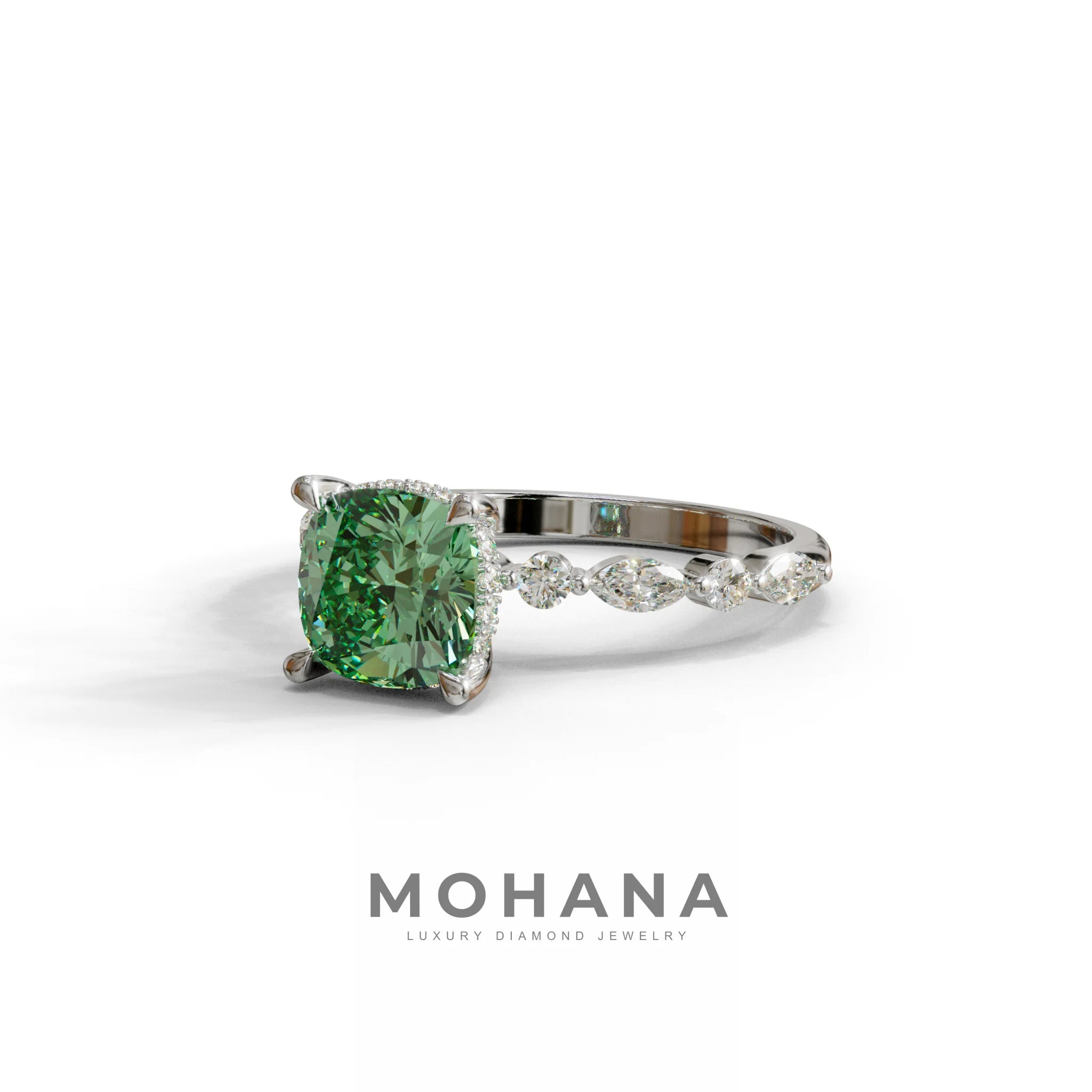 2 Carat Green Cushion Cut Hidden Halo & Pave Lab Diamond Ring - Daisy