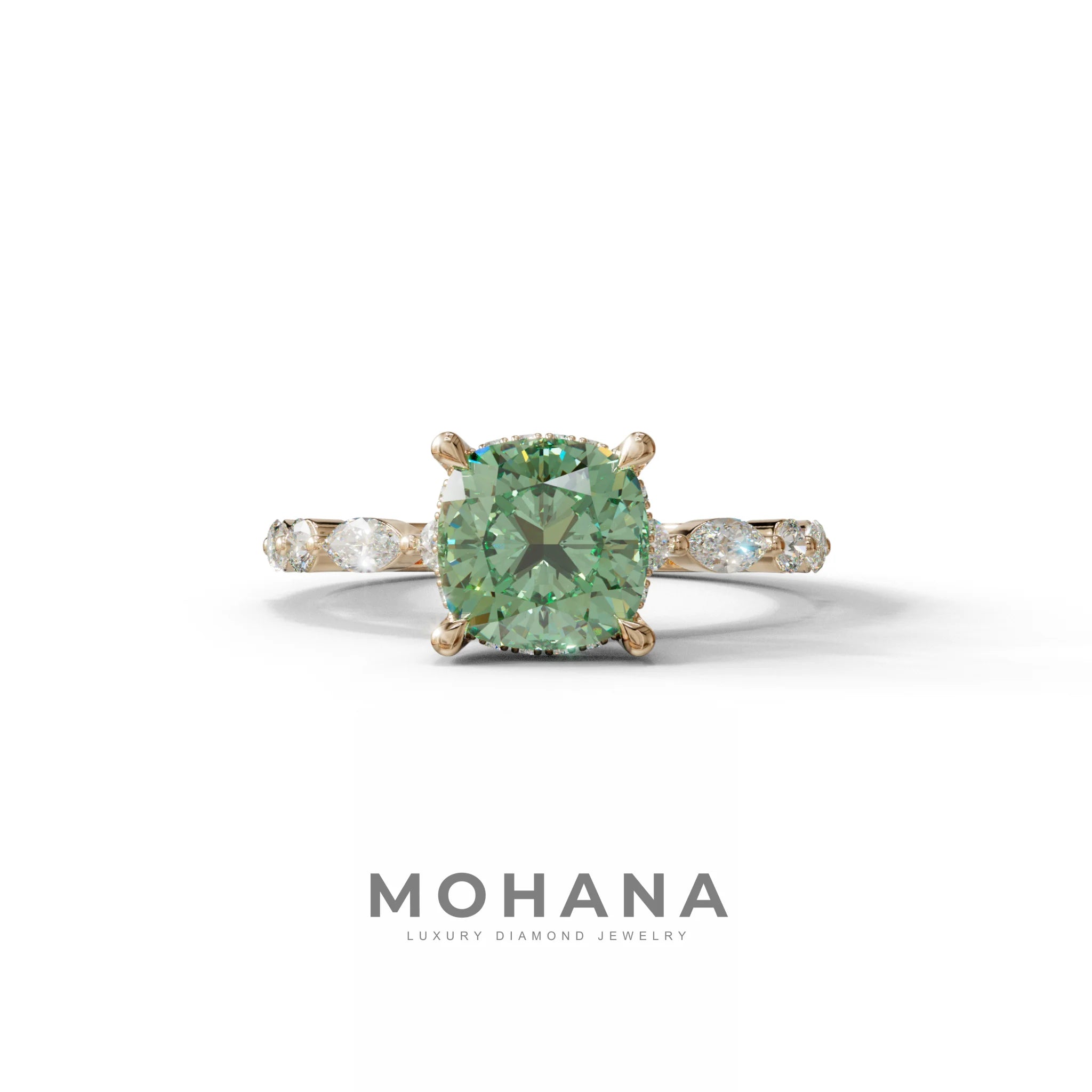 2 Carat Green Cushion Cut Hidden Halo & Pave Lab Diamond Ring - Daisy - 10K Solid Gold / Rose Gold