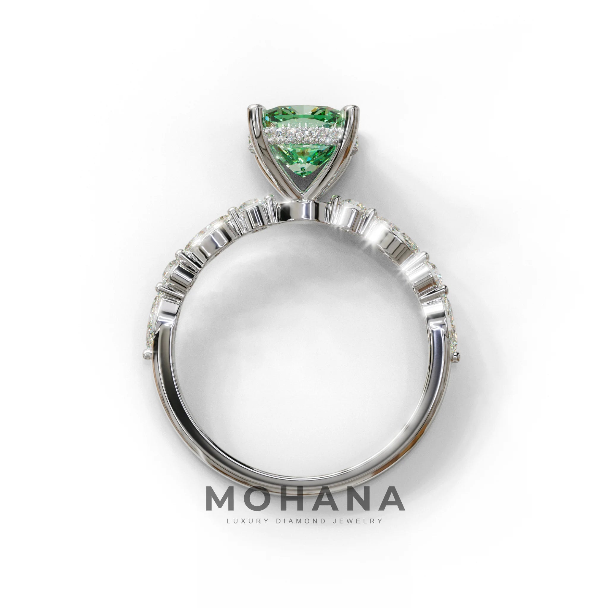 2 Carat Green Cushion Cut Hidden Halo & Pave Lab Diamond Ring - Daisy