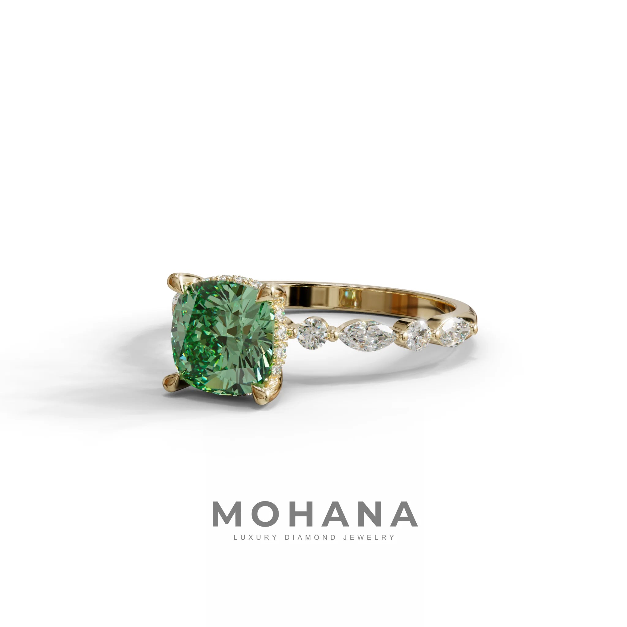 2 Carat Green Cushion Cut Hidden Halo & Pave Lab Diamond Ring - Daisy