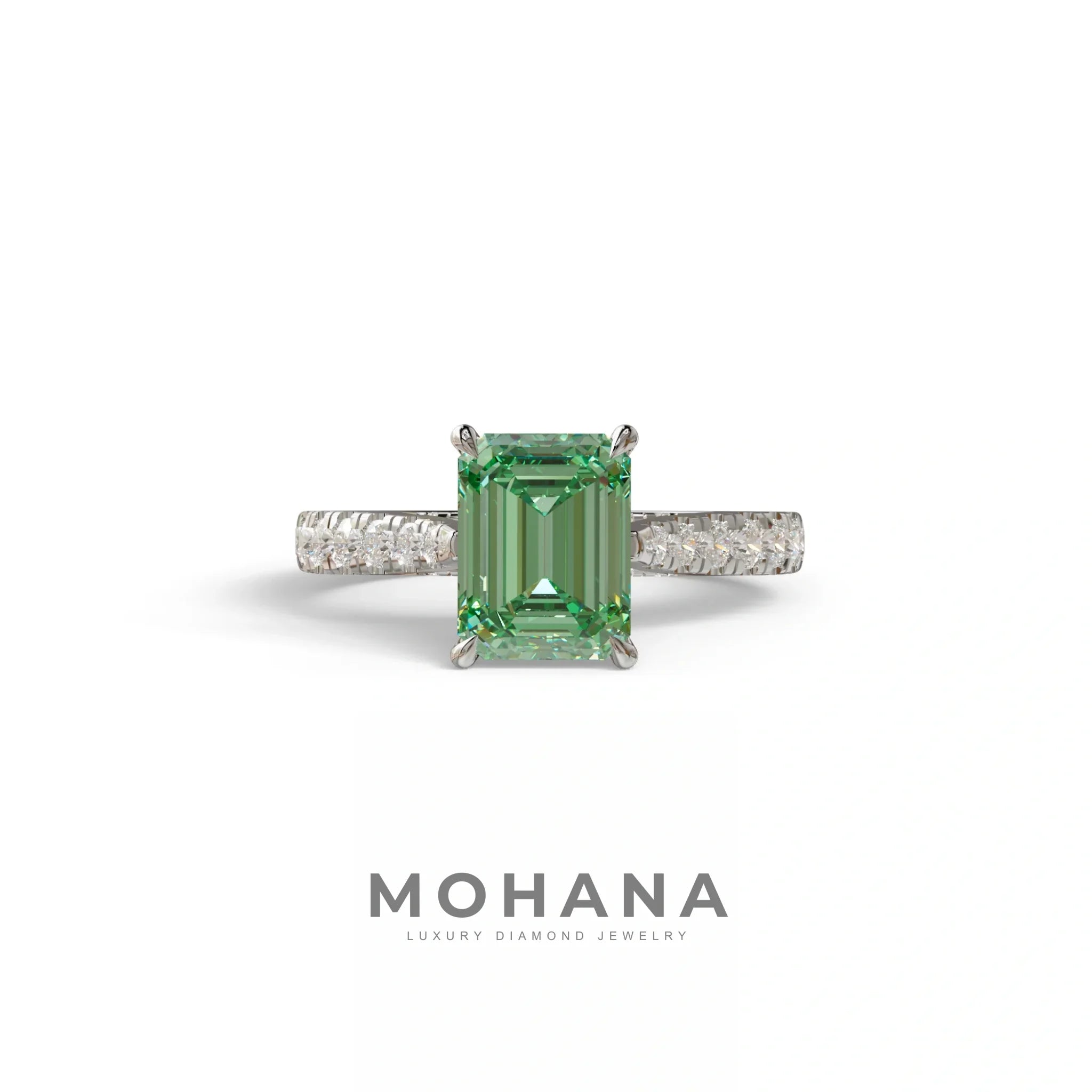 2 Carat Green Emerald Cut Hidden Halo & Pave Lab Diamond Ring - Siara - 10K Solid Gold / White Gold