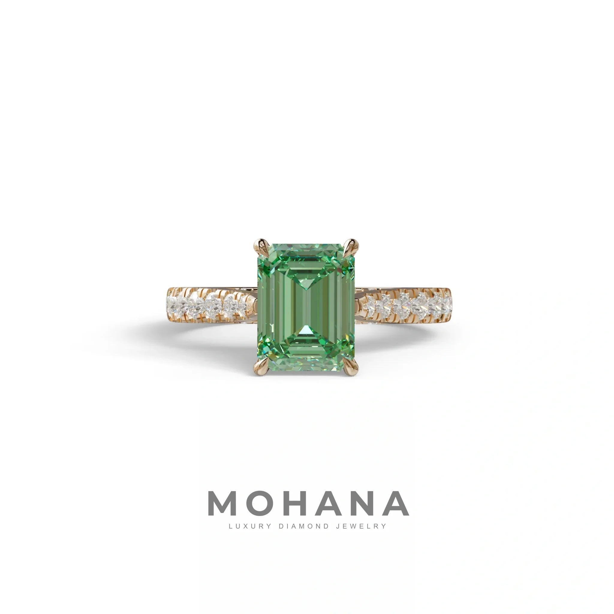 2 Carat Green Emerald Cut Hidden Halo & Pave Lab Diamond Ring - Siara - 10K Solid Gold / Rose Gold