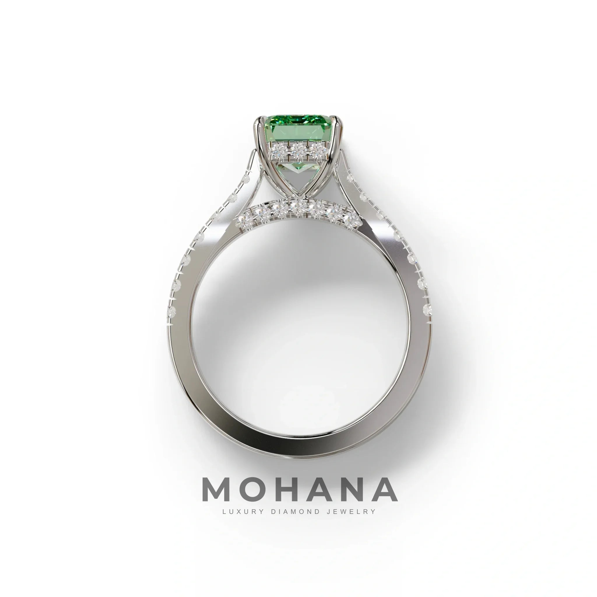 2 Carat Green Emerald Cut Hidden Halo & Pave Lab Diamond Ring - Siara
