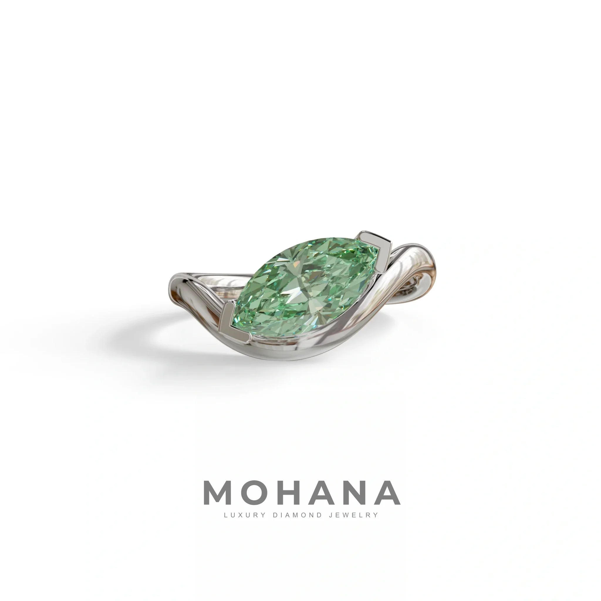 2 Ct Fancy Vivid Green Marquise Cut Lab Diamond In Solitaire Setting Ring - Jiani - 10K Solid Gold / White Gold