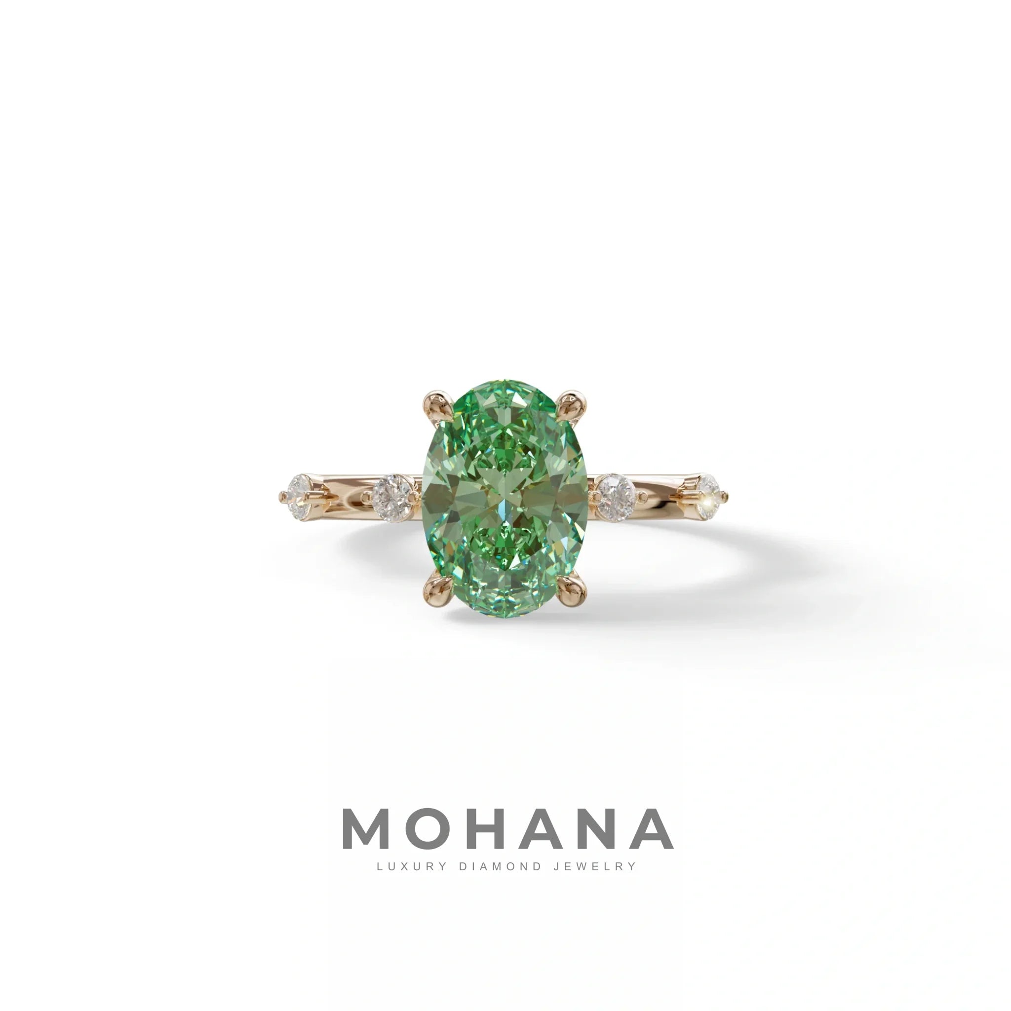 2 Ct Green Oval Cut Lab Diamond In Space-Chanel Setting Ring - Celestial - 10K Solid Gold / Rose Gold