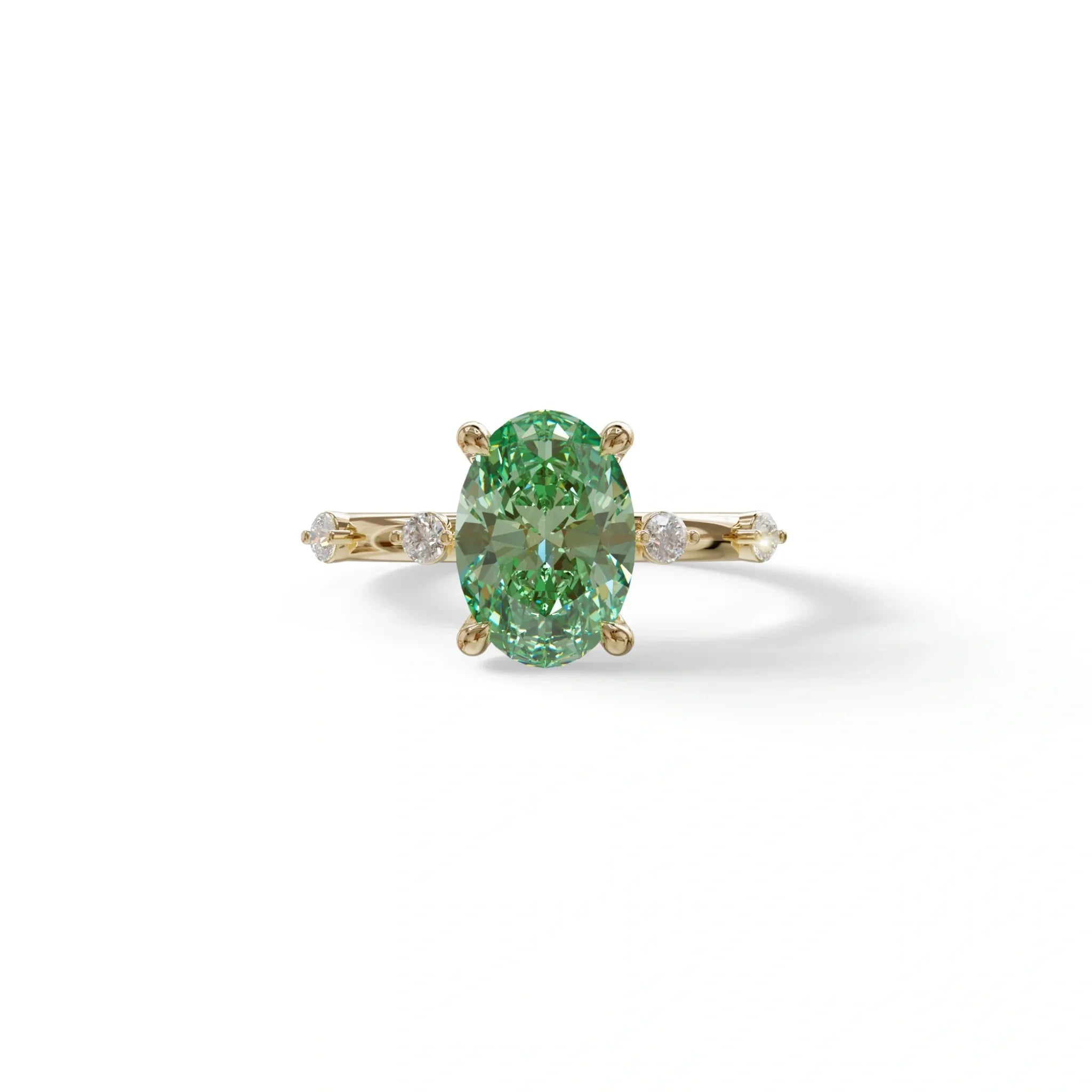 2 Ct Green Oval Cut Lab Diamond In Space-Chanel Setting Ring - Celestial - 10K Solid Gold / Yellow Gold