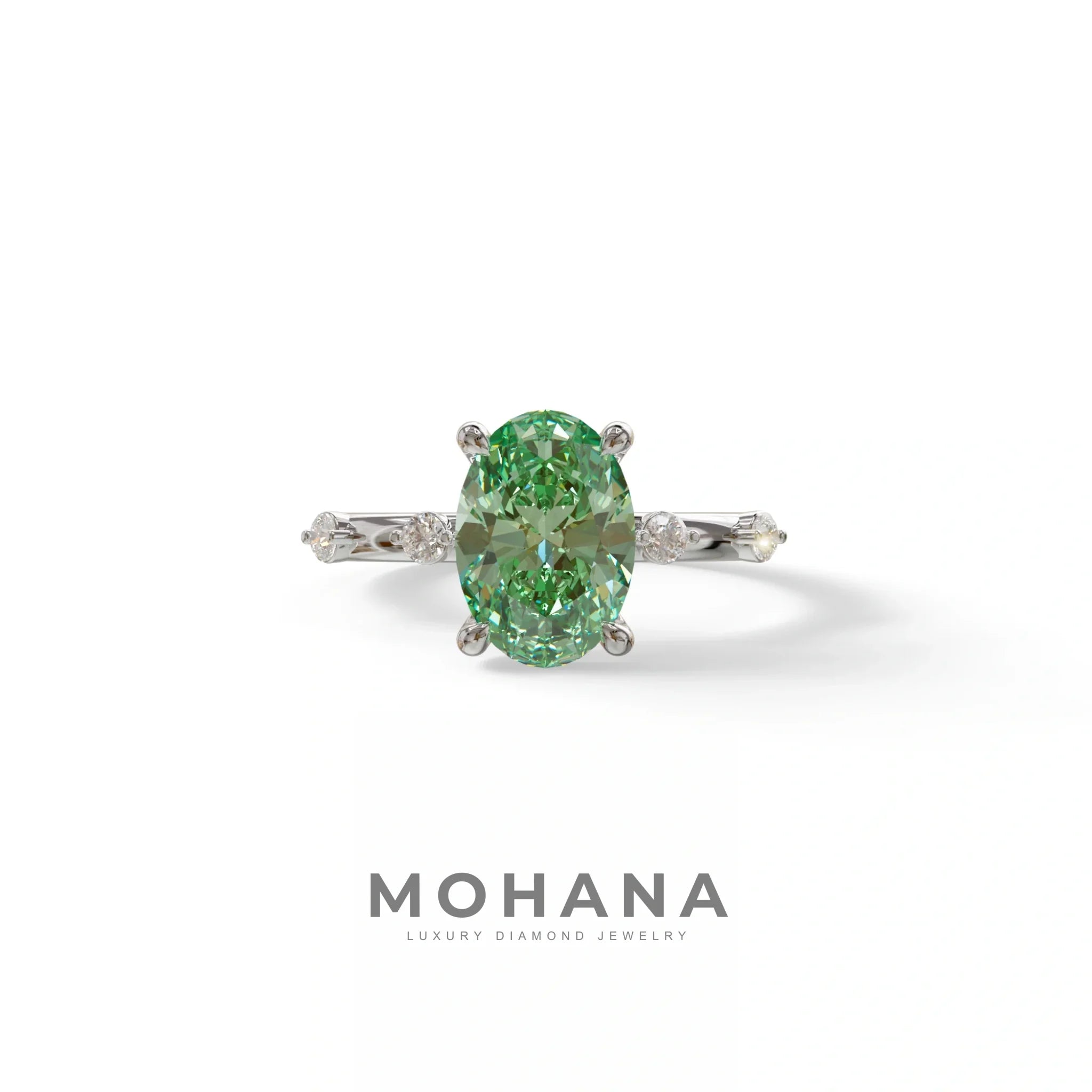 2 Ct Green Oval Cut Lab Diamond In Space-Chanel Setting Ring - Celestial - 10K Solid Gold / White Gold