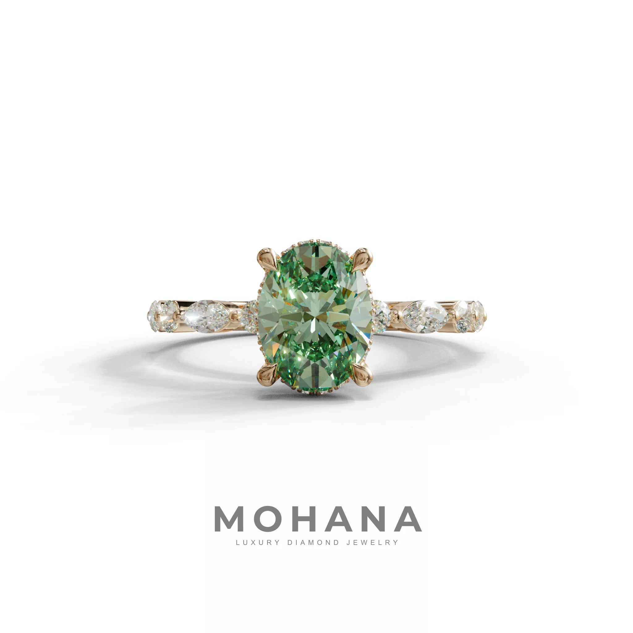 2 Carat Green Oval Cut Hidden Halo & Pave Lab Diamond Ring - Laina - 10K Solid Gold / Rose Gold