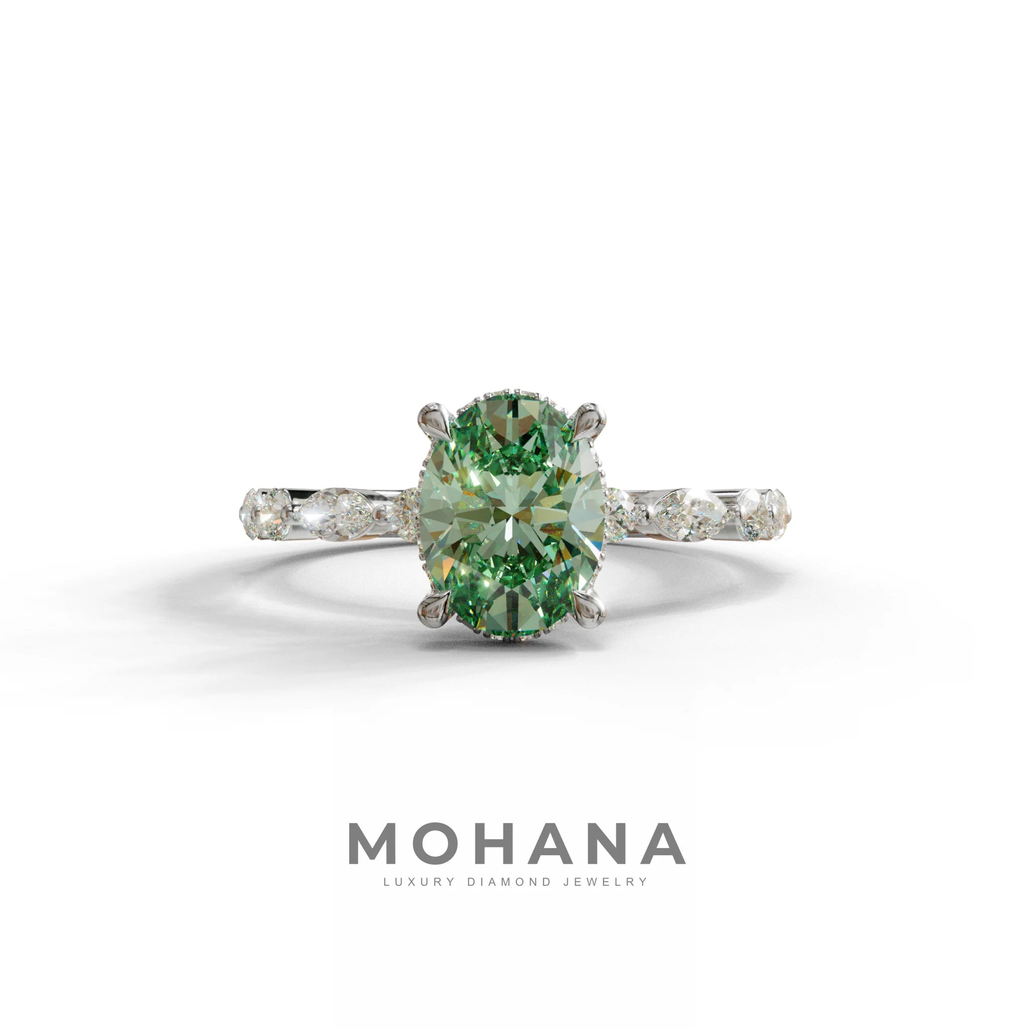 2 Carat Green Oval Cut Hidden Halo & Pave Lab Diamond Ring - Laina - 10K Solid Gold / White Gold