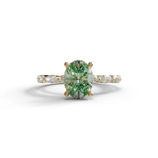 2 Carat Green Lab Grown Diamond Engagement Ring – Oval Cut Hidden Halo