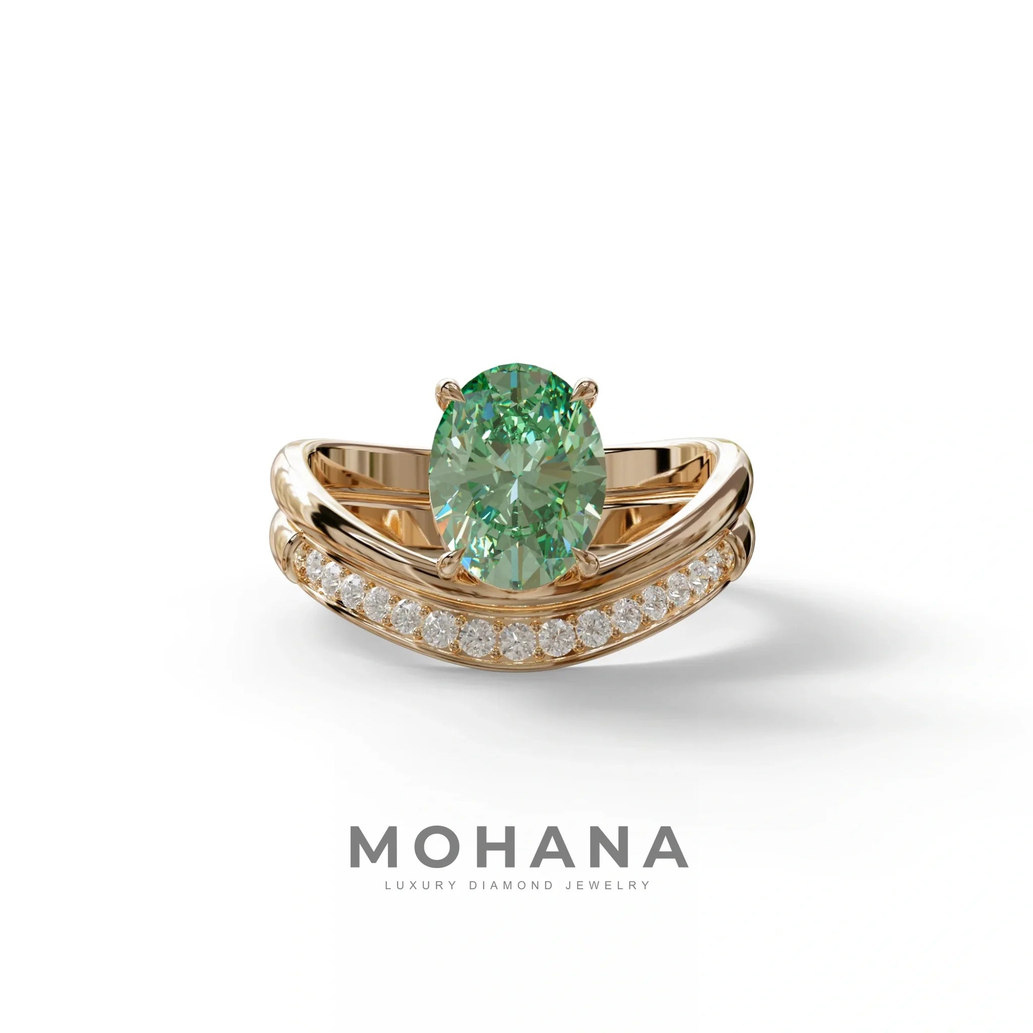 2 Carat Fancy Green Oval Cut Lab Grown Diamond Ring | Curve Setting - Brilliance - 10K Solid Gold / Rose Gold