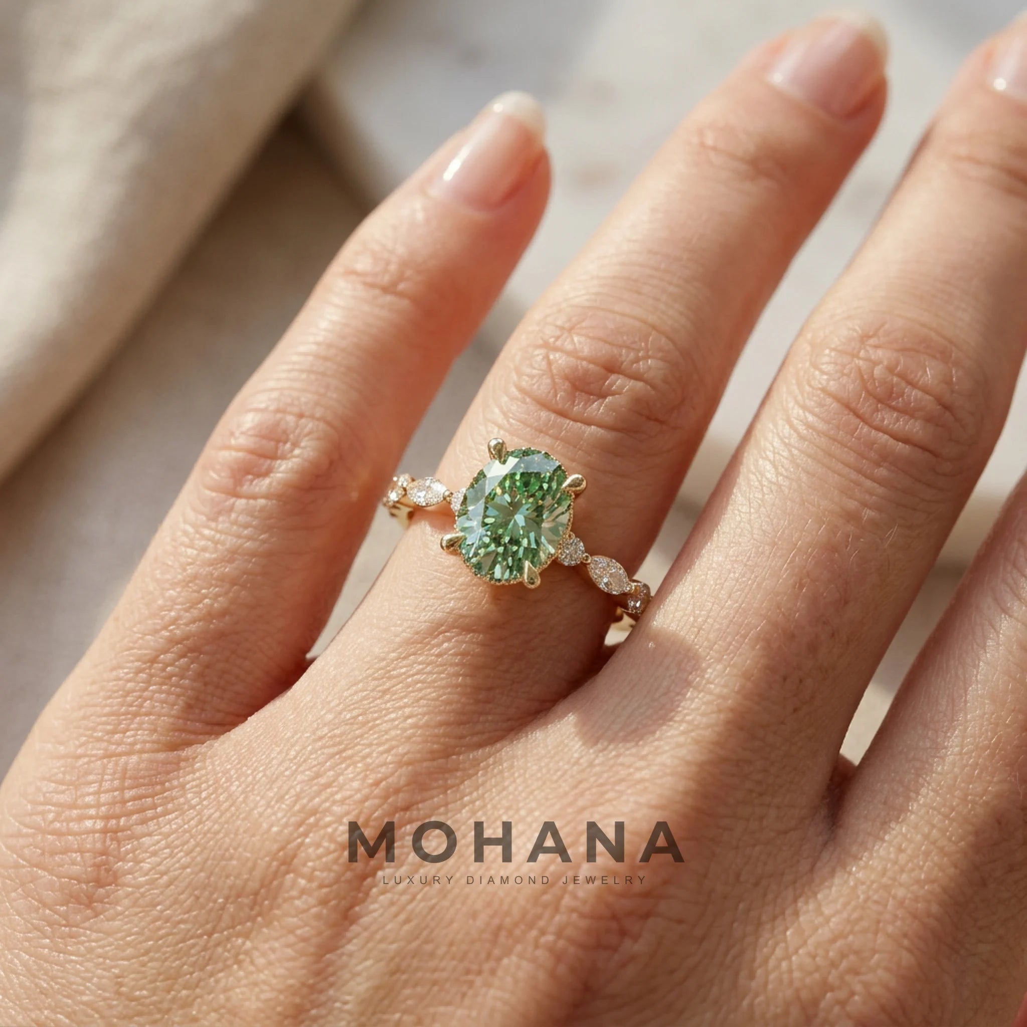 2 Carat Fancy Green Oval Cut Hidden Halo & Pave Lab Grown Diamond Engagement Ring