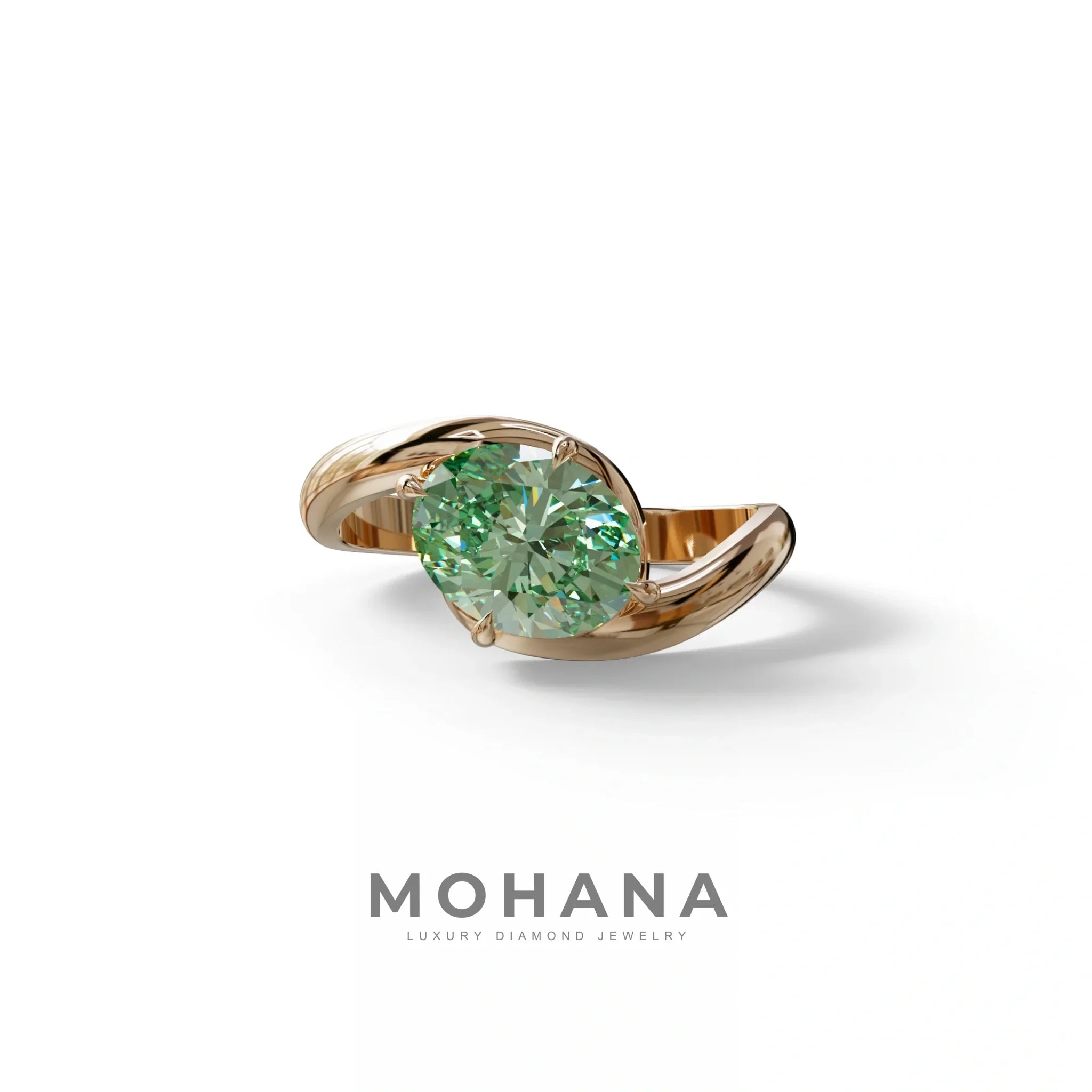2 Carat Fancy Vivid Green Oval Cut Lab Diamond Ring - Estella - 10K Solid Gold / Rose Gold