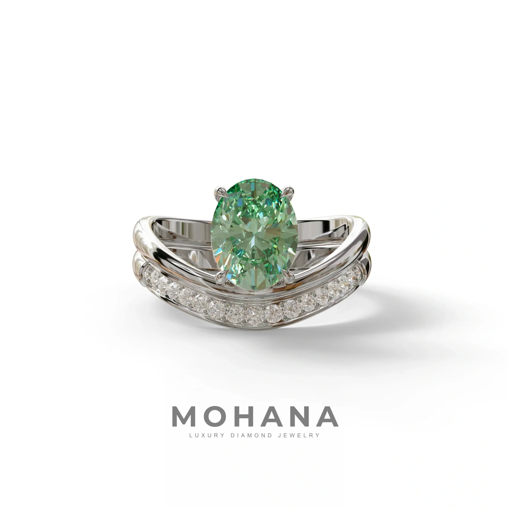 2 Carat Fancy Green Oval Cut Lab Grown Diamond Ring | Curve Setting - Brilliance - 10K Solid Gold / White Gold