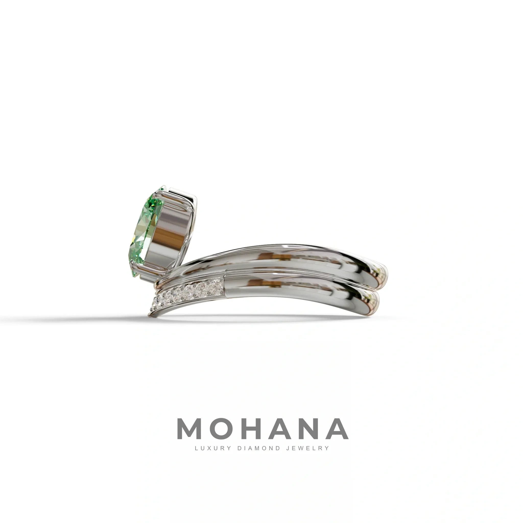 2 Carat Fancy Green Oval Cut Lab Grown Diamond Ring | Curve Setting - Brilliance