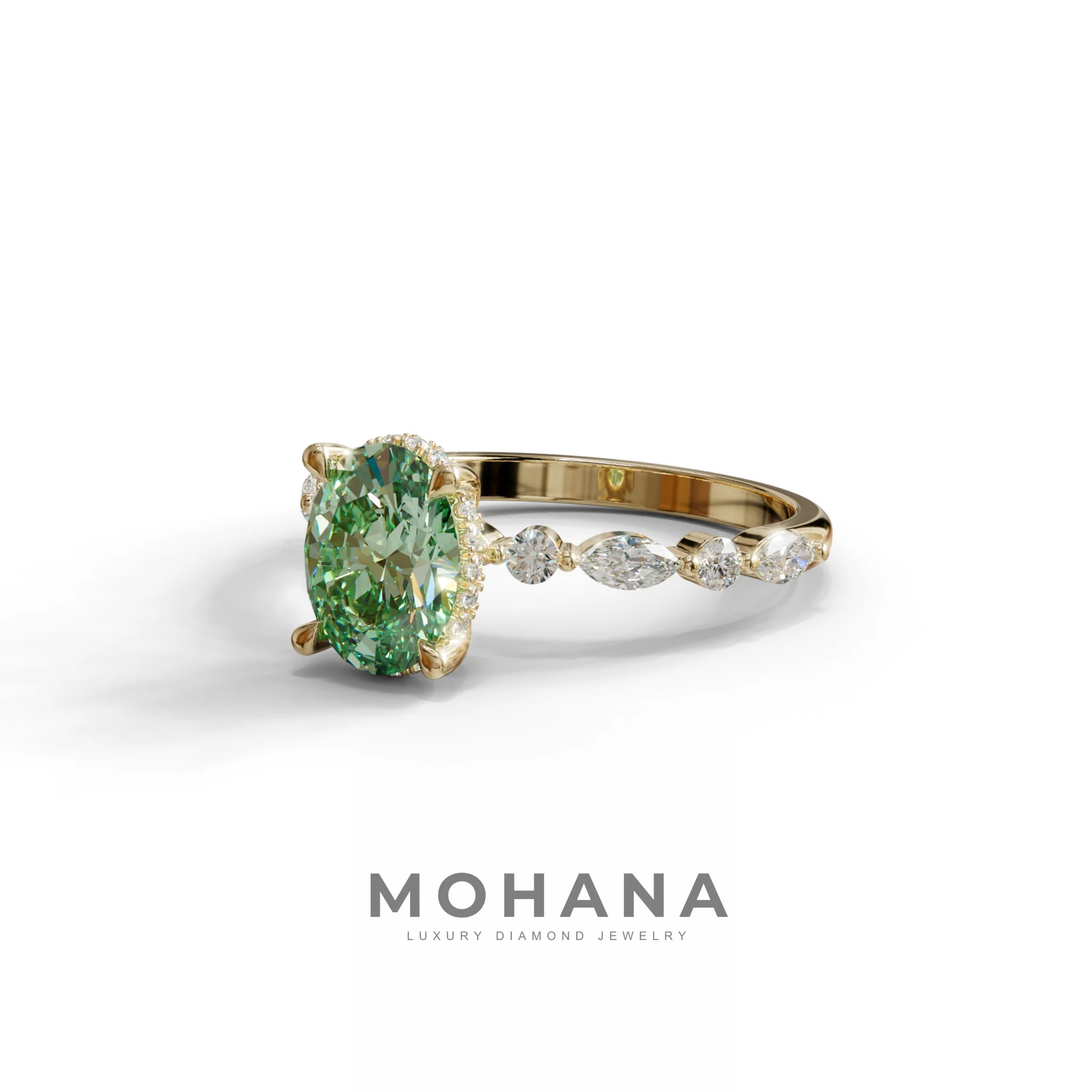 2 Carat Green Oval Cut Hidden Halo & Pave Lab Diamond Ring - Laina