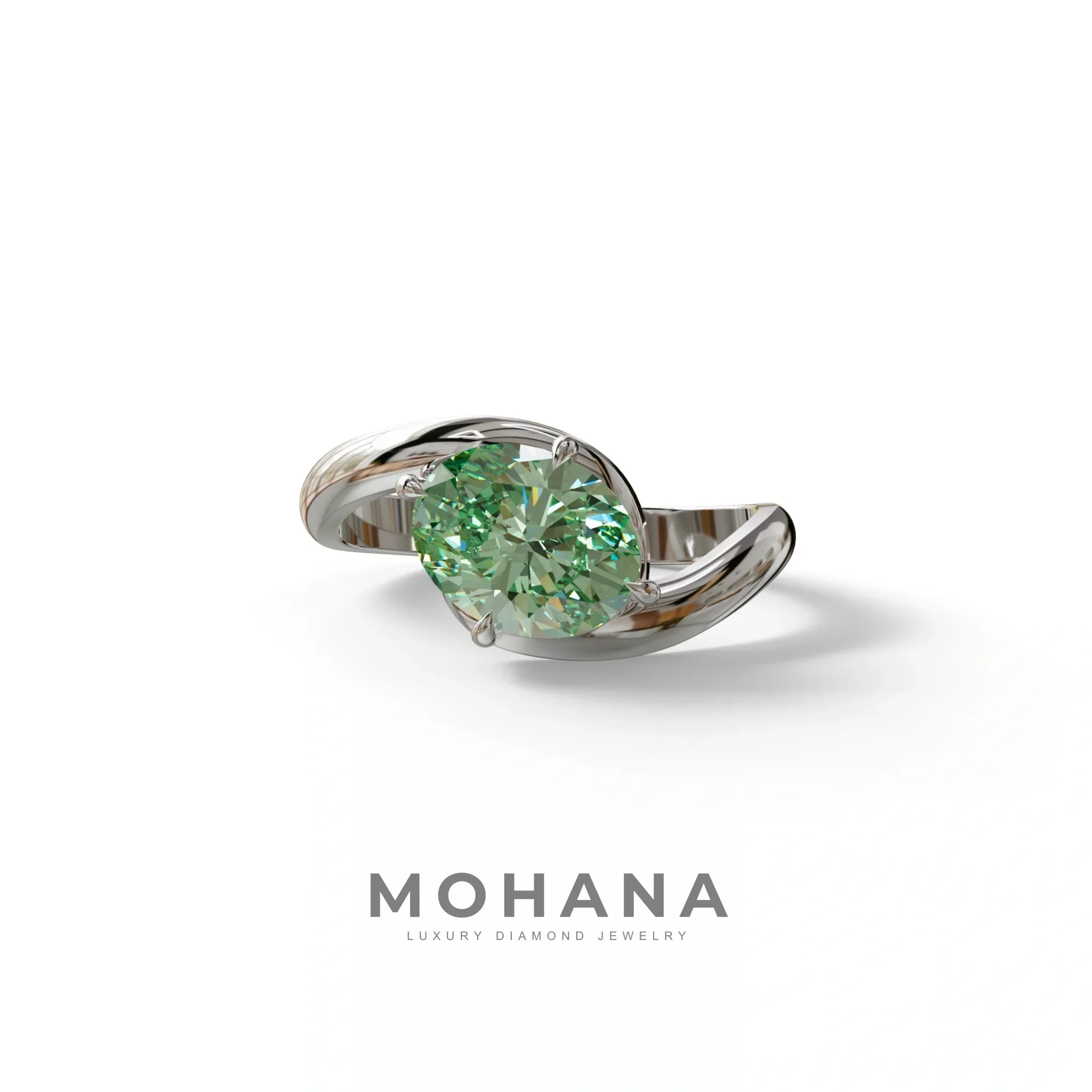 2 Carat Fancy Vivid Green Oval Cut Lab Diamond Ring - Estella - 10K Solid Gold / White Gold