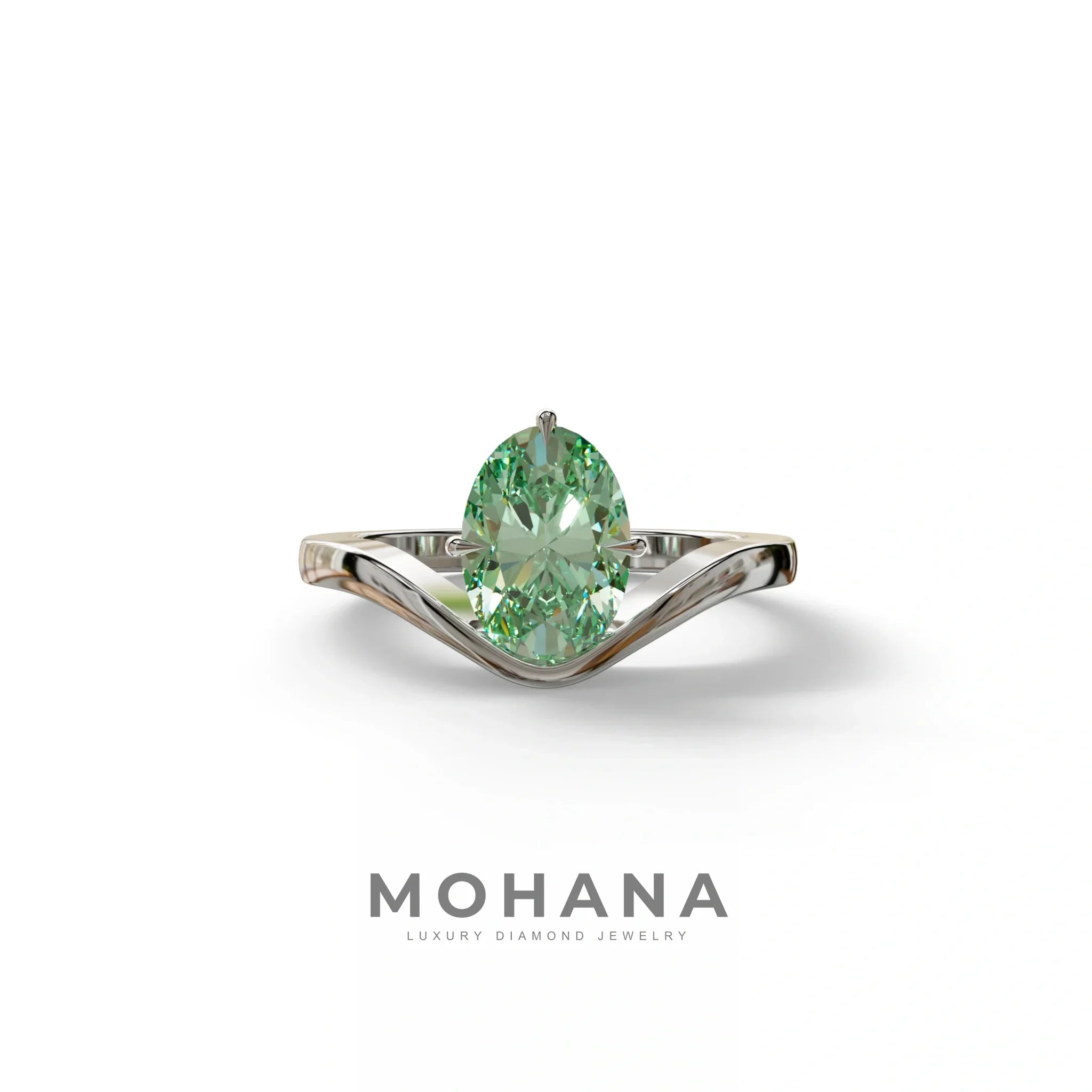 Nested 2 Carat Green Oval Cut Solitaire Lab Grown Diamond Engagement Ring - Aura - 10K Solid Gold / White Gold