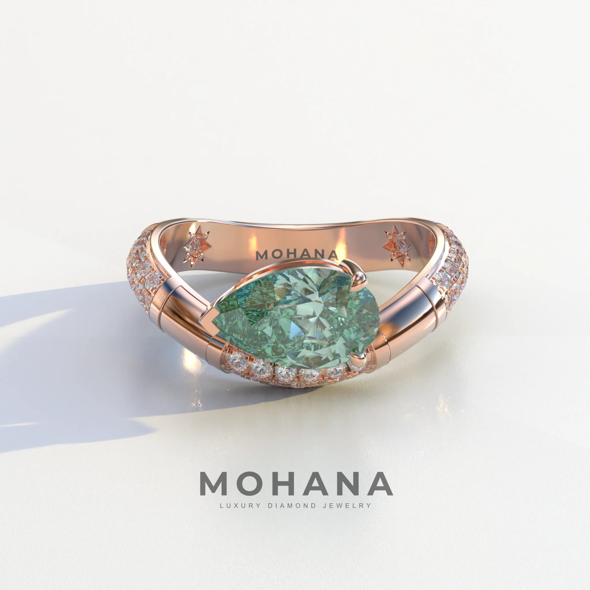 2 Carat East-West Fancy Vivid Green Pear Cut Lab Diamond Engagement Ring - J’Lure - 10K Solid Gold / Rose Gold