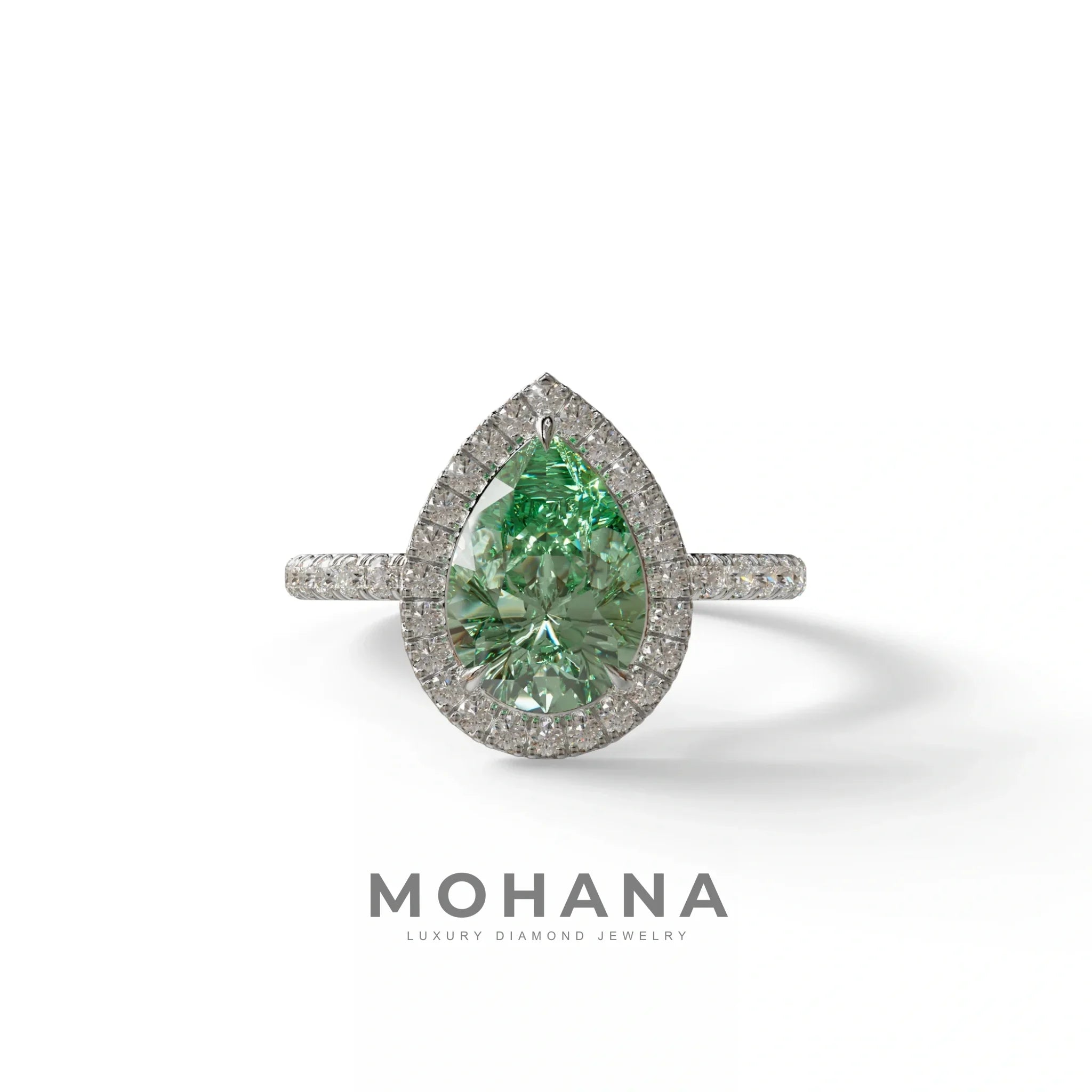 2 Carat Green Pear Cut Halo & Pave Lab Diamond Ring - Glam Deck - 10K Solid Gold / White Gold